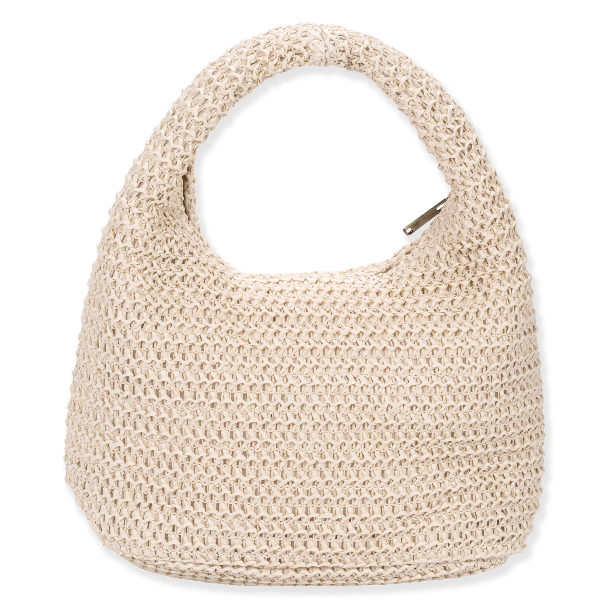 Rear view of cream Sun N Sand crochet hobo bag featuring open-weave texture, integrated top handle, and brown leather logo.
