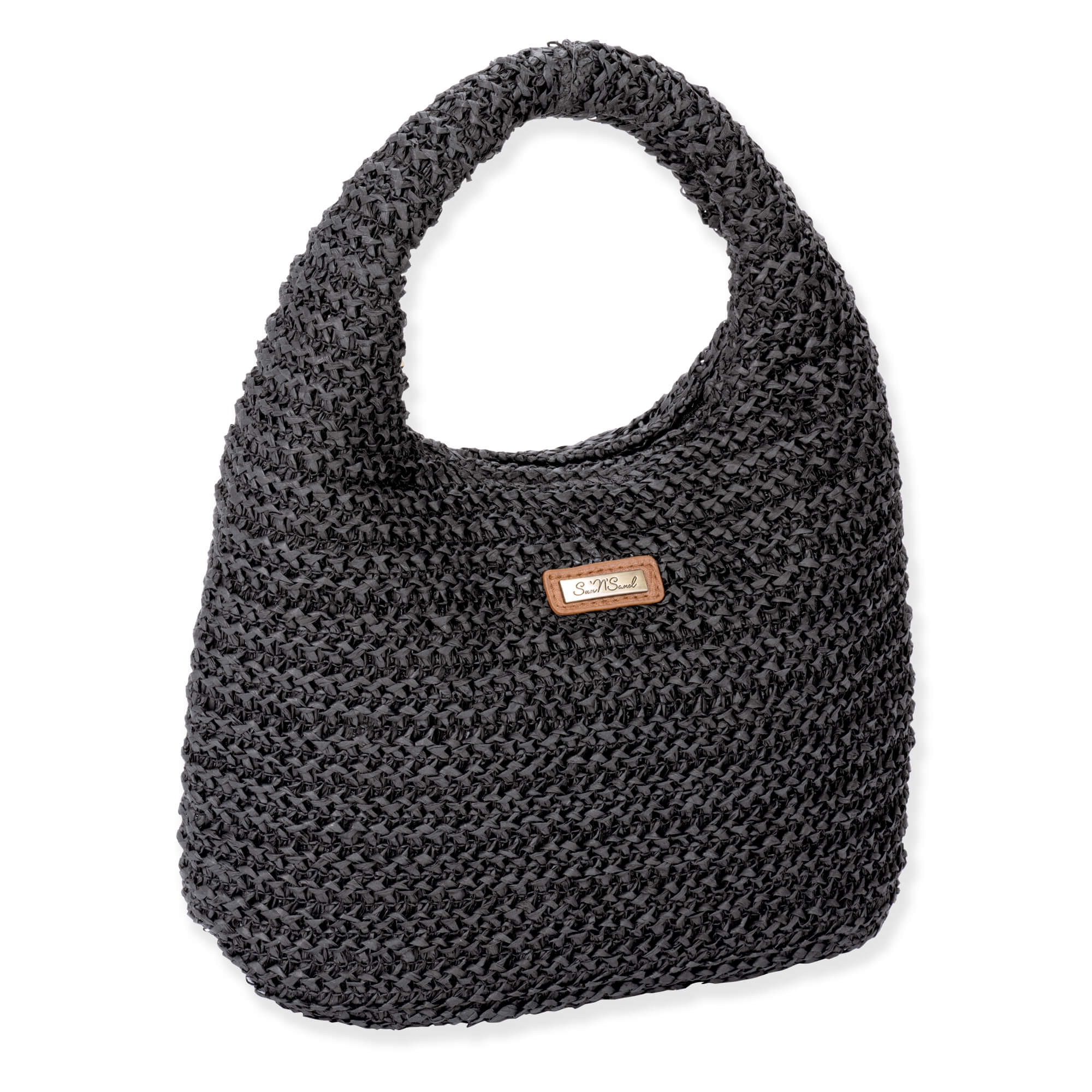 Three quarters view of black Sun N Sand crochet hobo bag featuring a textured open-weave body, integrated top handle, and brown logo.
