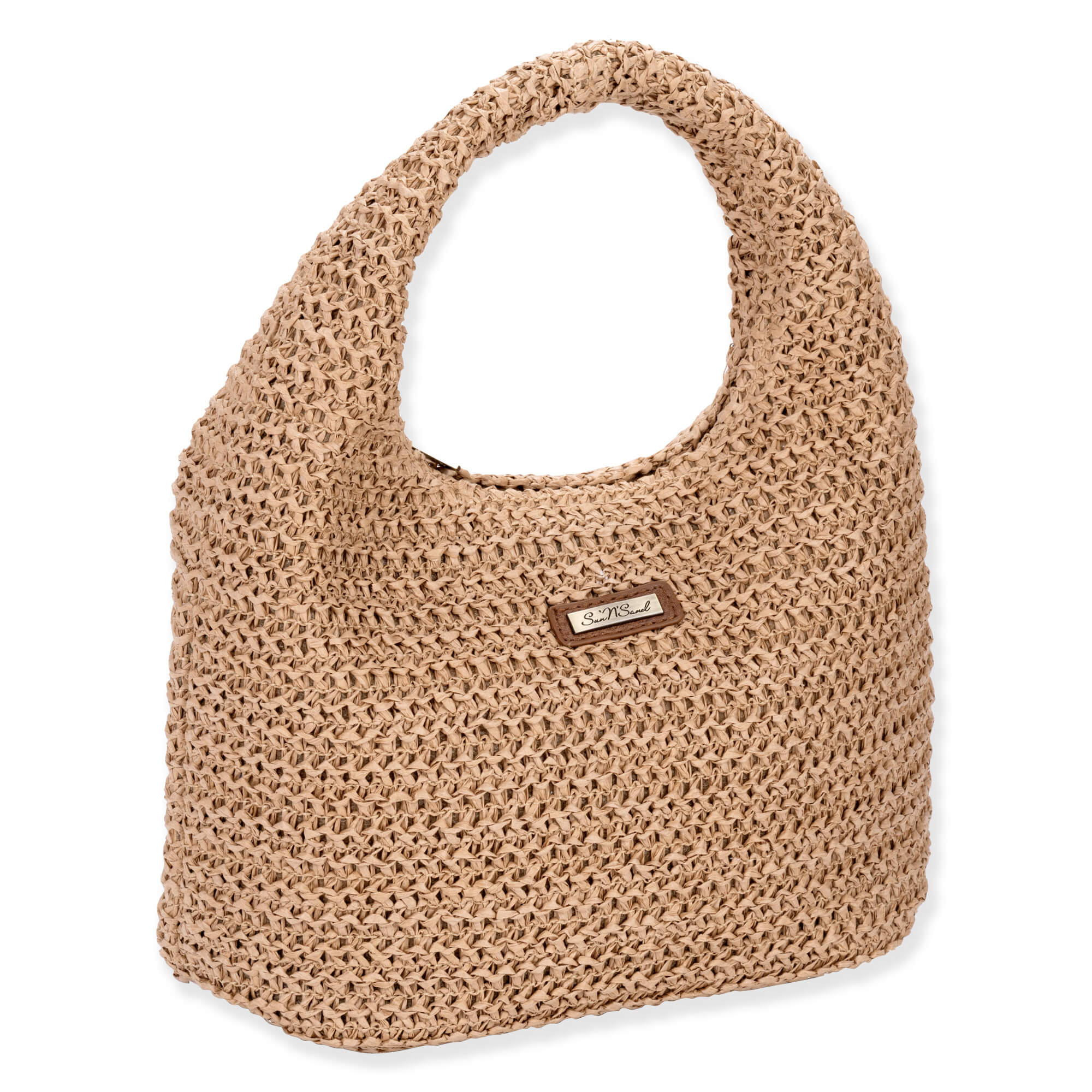 Three quarters view of tan Sun N Sand crochet hobo bag featuring open-weave texture, integrated top handle, and brown leather logo.