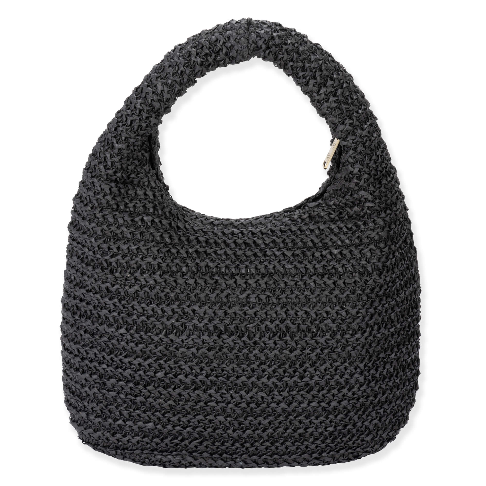 Rear view of black Sun N Sand crochet hobo bag featuring a textured open-weave body, integrated top handle, and brown logo.