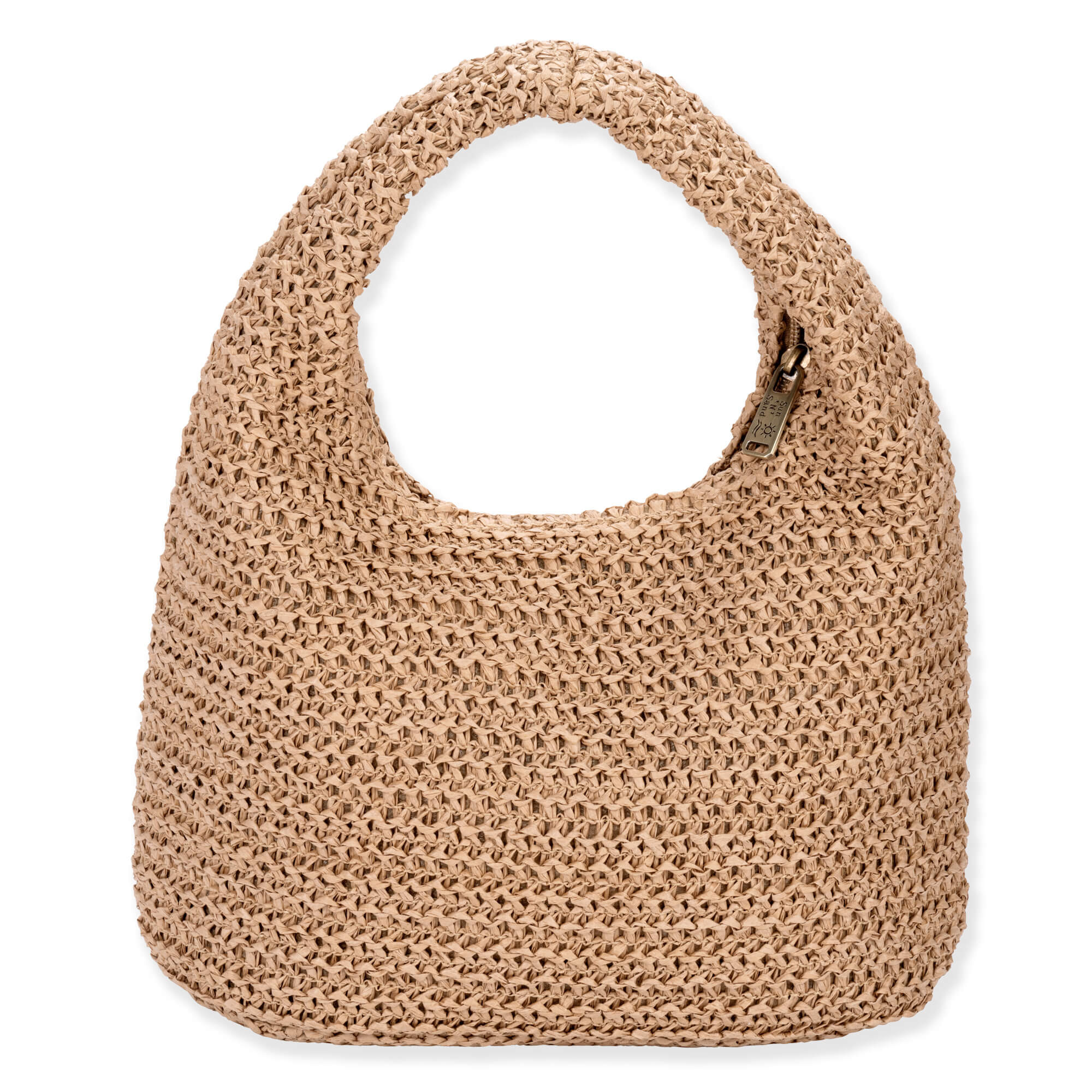 Rear view of tan Sun N Sand crochet hobo bag featuring open-weave texture, integrated top handle, and brown leather logo.