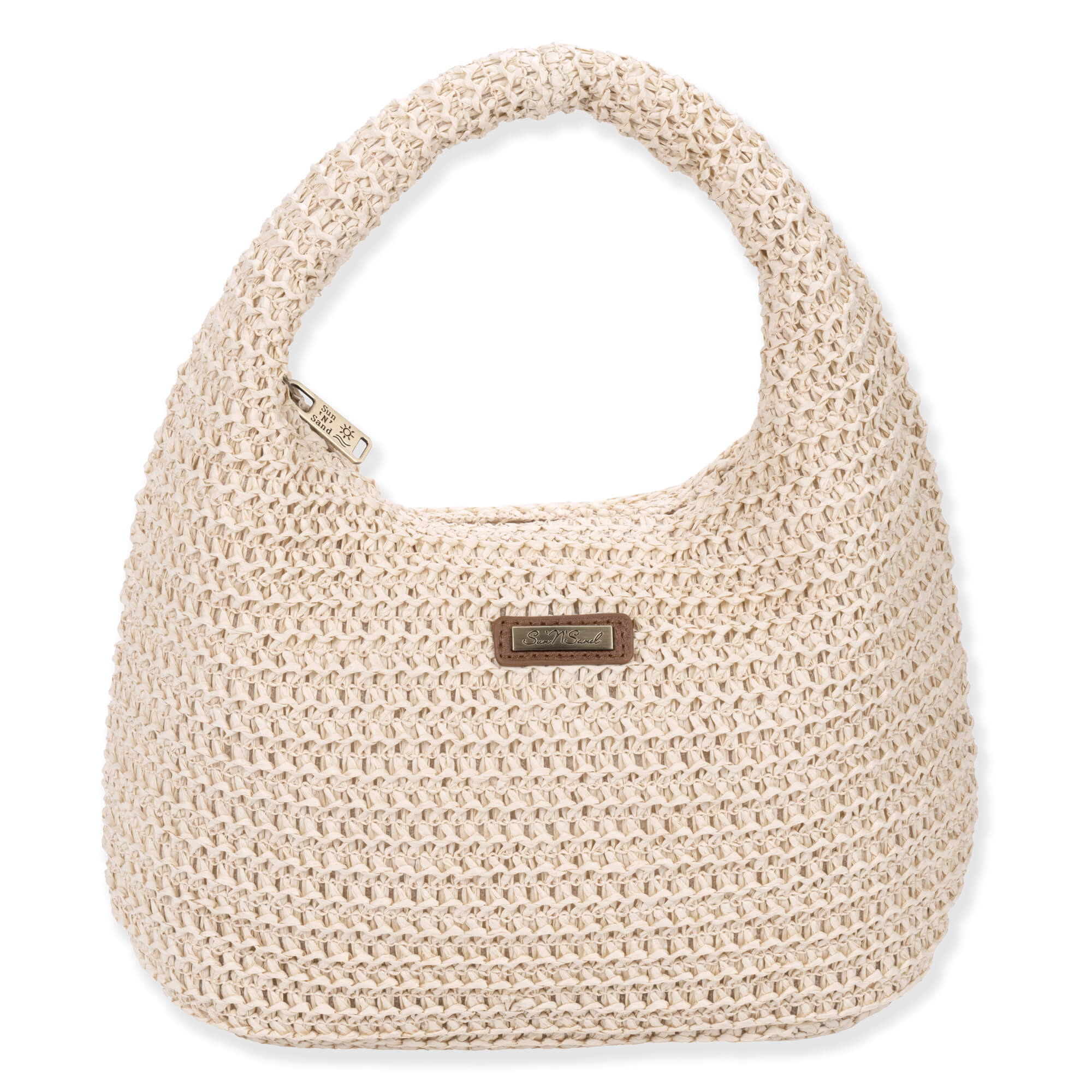 Front view of cream Sun N Sand crochet hobo bag featuring open-weave texture, integrated top handle, and brown leather logo.