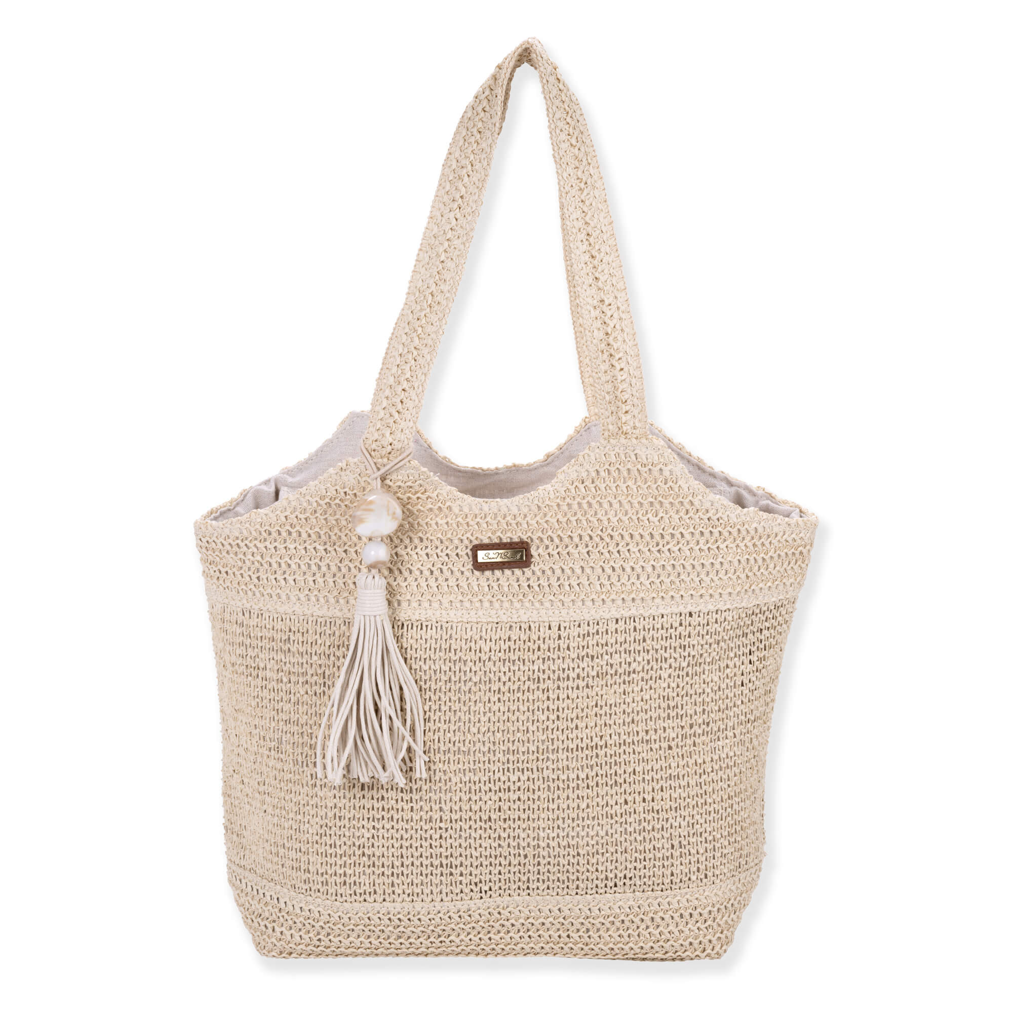 Front view of cream Sun N Sand crochet tote featuring mixed-stitch textures, flat woven shoulder straps, and fabric interior lining.