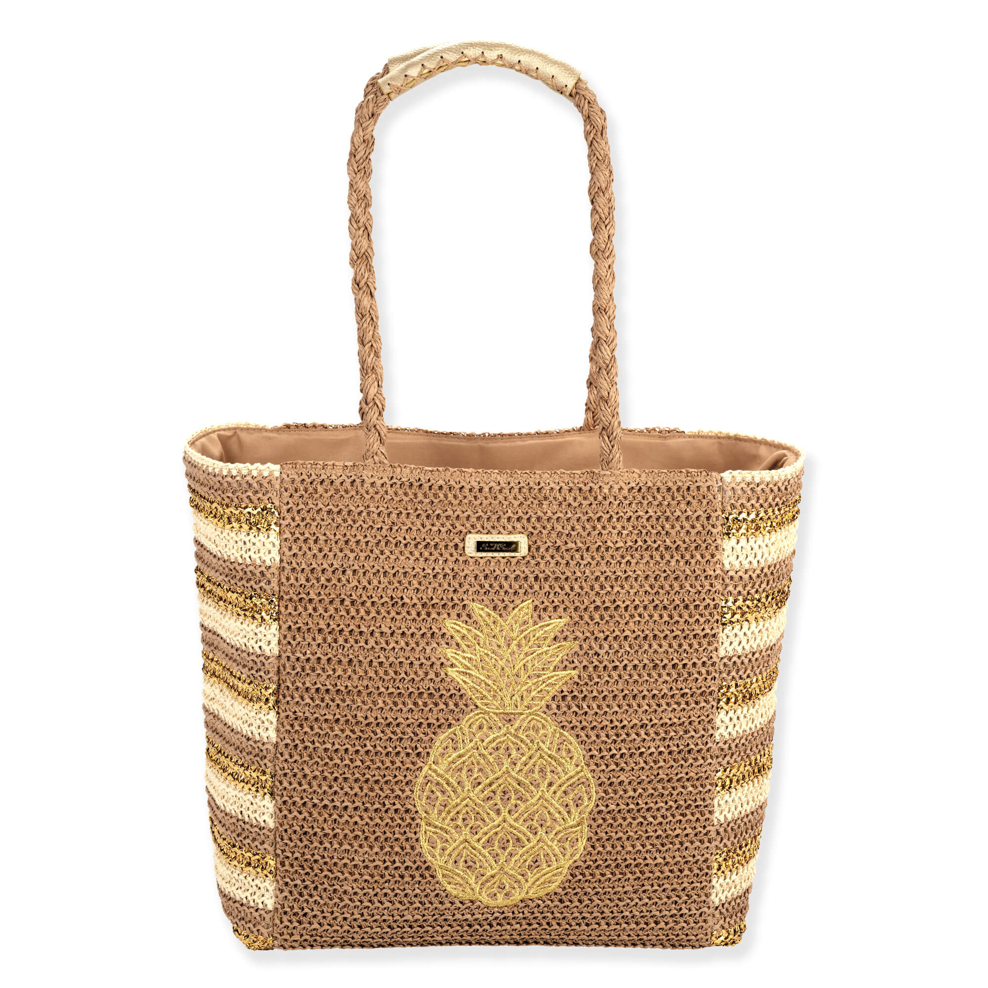 Front view of tan Sun N Sand tote featuring gold embroidered pineapple, metallic striped sides, and braided rope top handles.