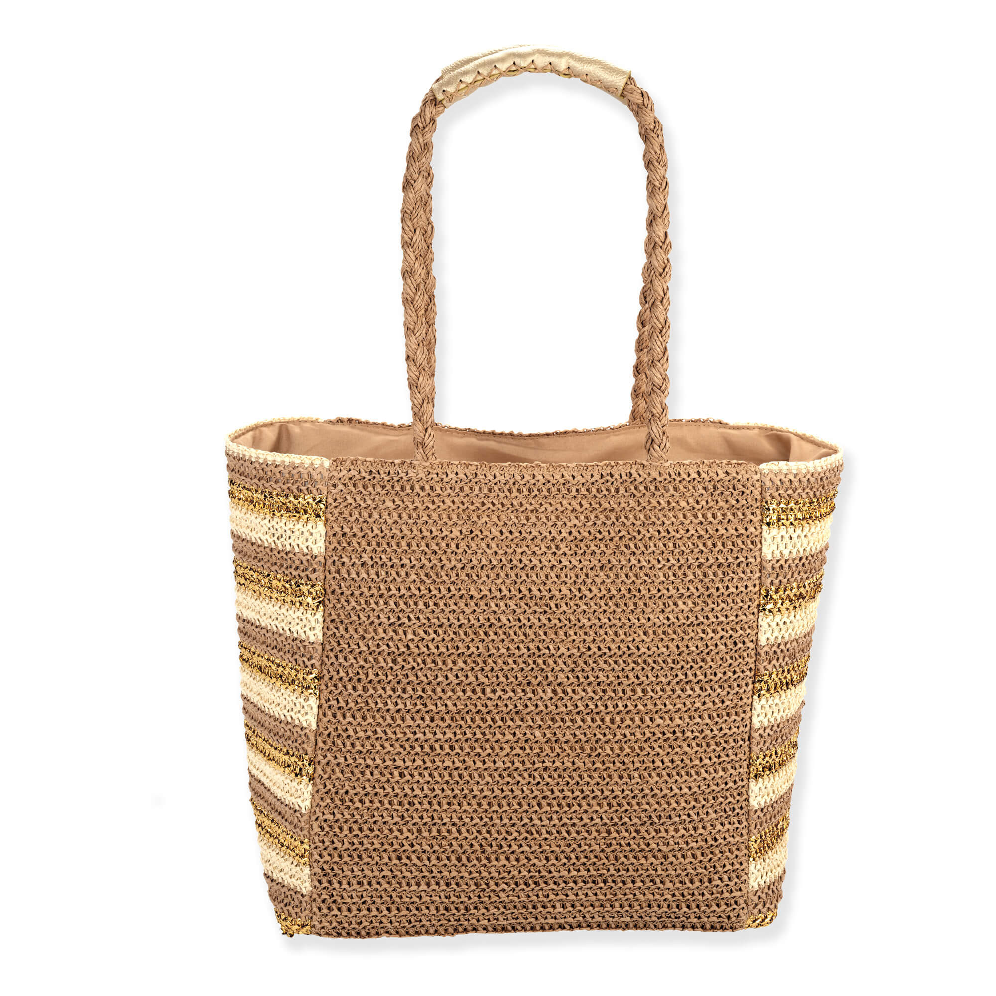 Rear view of tan Sun N Sand tote featuring gold embroidered pineapple, metallic striped sides, and braided rope top handles.