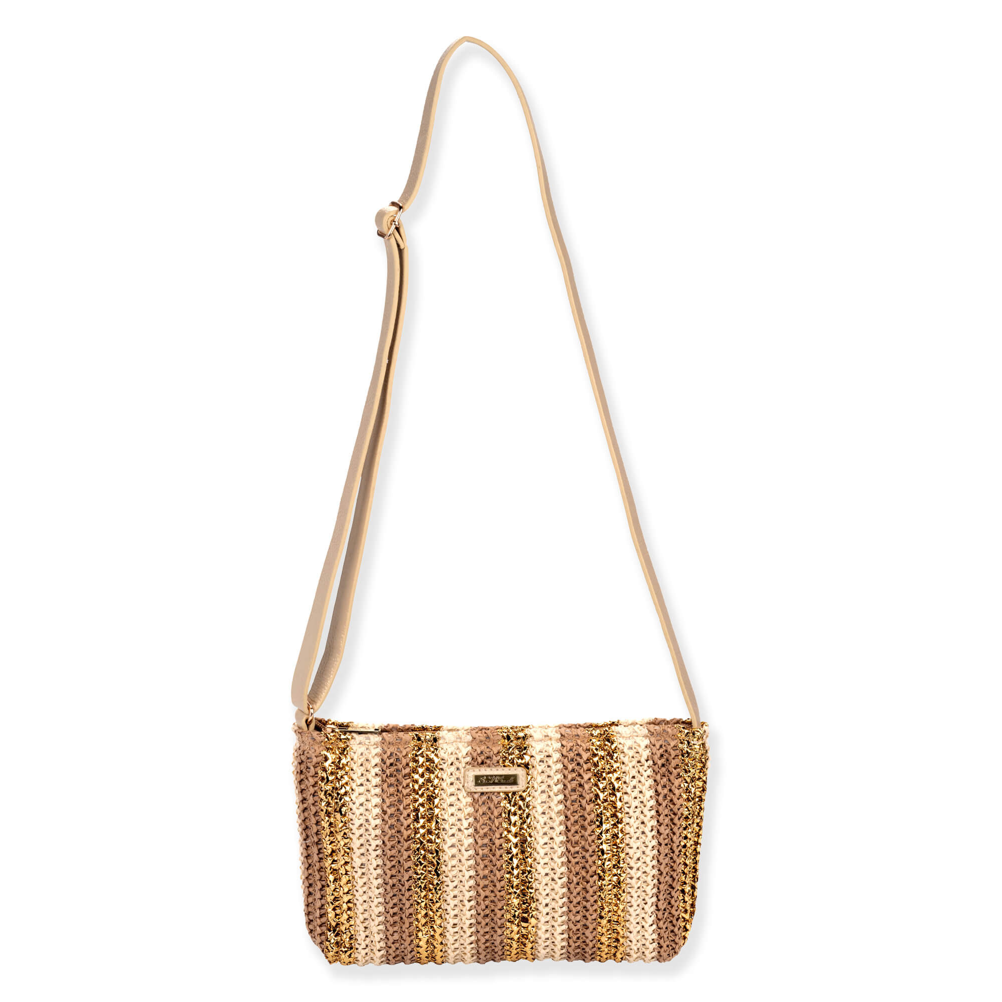 Front view of gold metallic striped crochet Sun N Sand crossbody bag featuring textured vertical bands and adjustable cream shoulder strap.