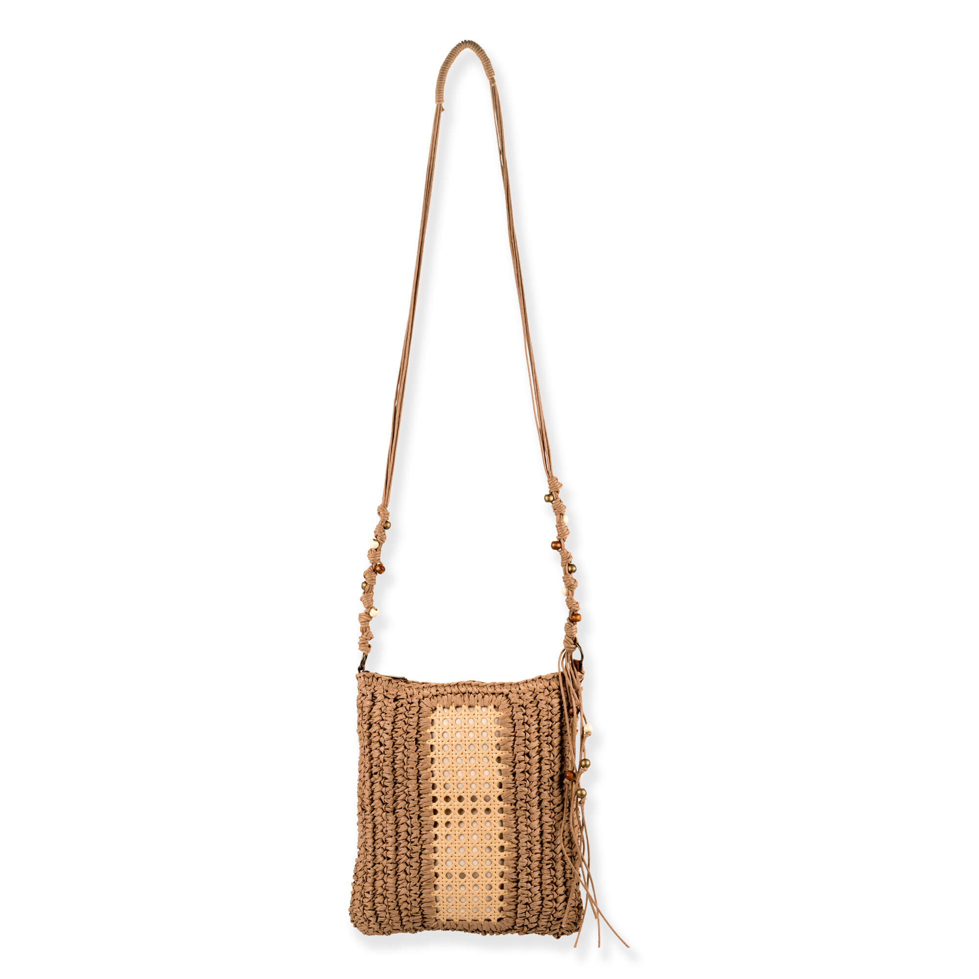 Front view of tan Sun N Sand crochet crossbody bag featuring cane webbing center, beaded macramé strap, and side tassels.