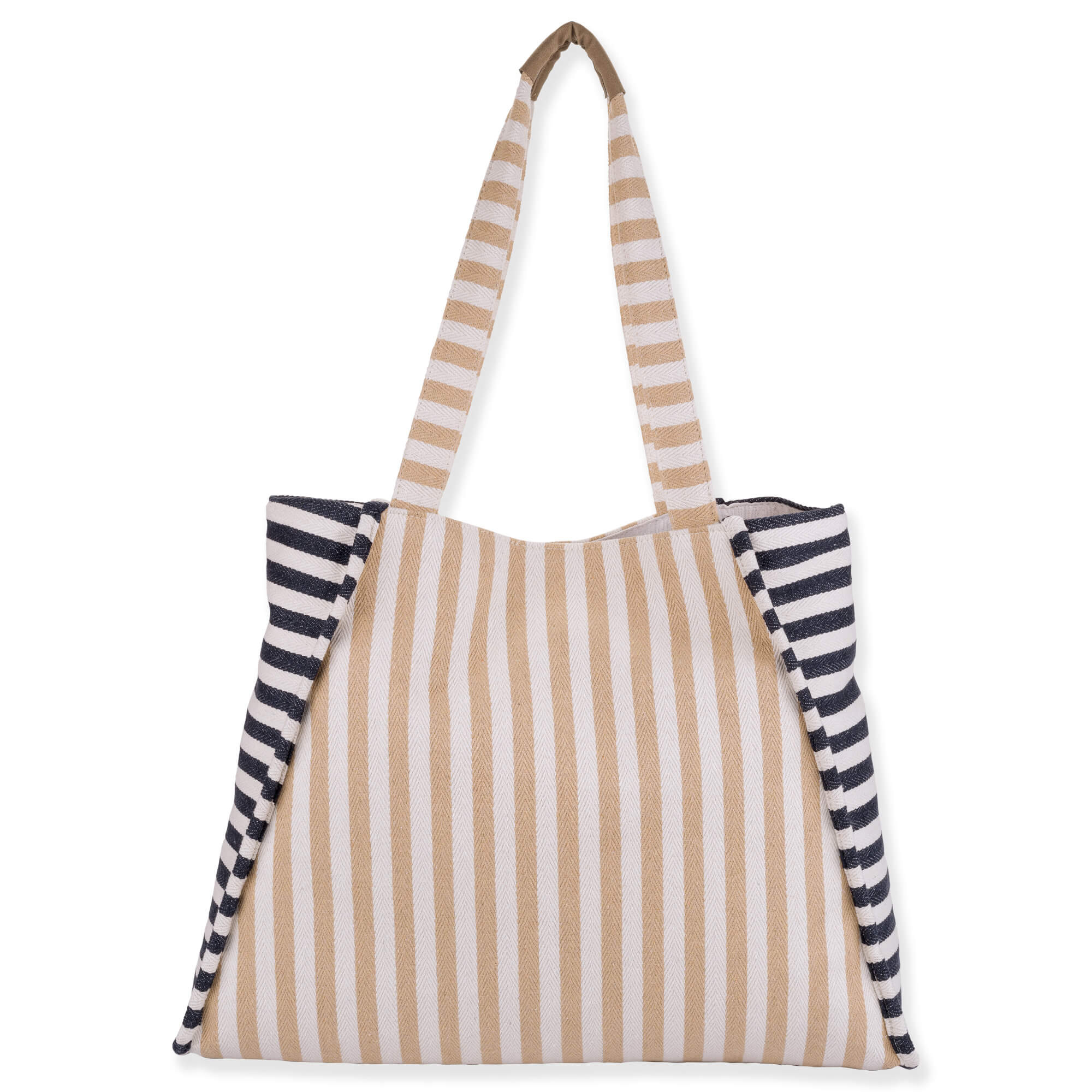 Rear view of a Sun N Sand shoulder tote featuring tan and navy striped canvas, suede front pocket, and matching straps.