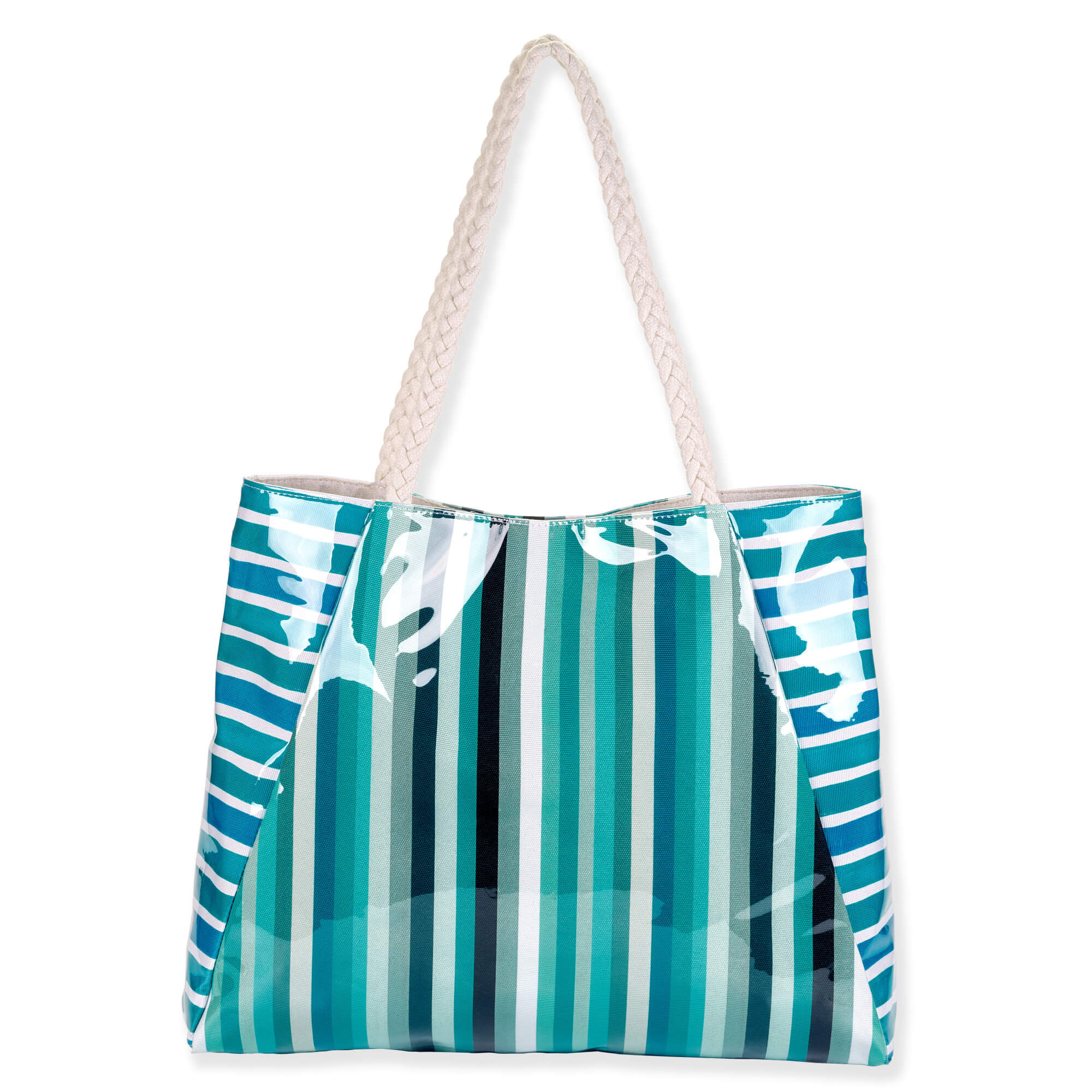Three Quarters view of Sun N Sand shoulder tote featuring a glossy teal and white vertical stripe pattern and braided rope handles.