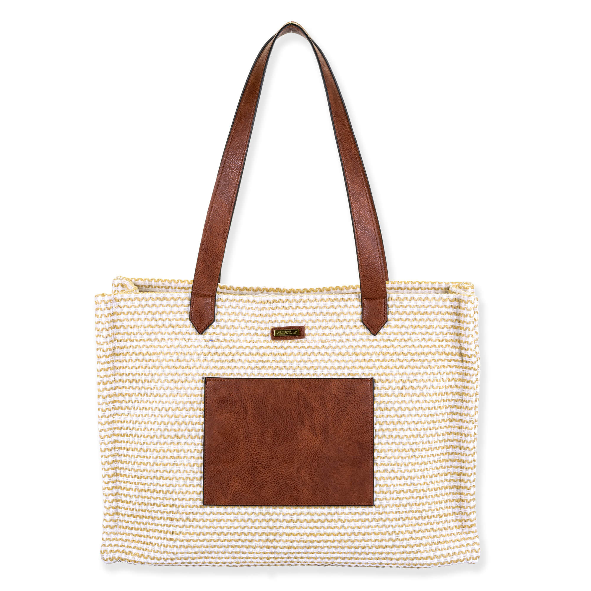 Front view of Sun N Sand shoulder tote featuring woven tan horizontal stripes, brown pebbled faux-leather straps, and matching pocket.