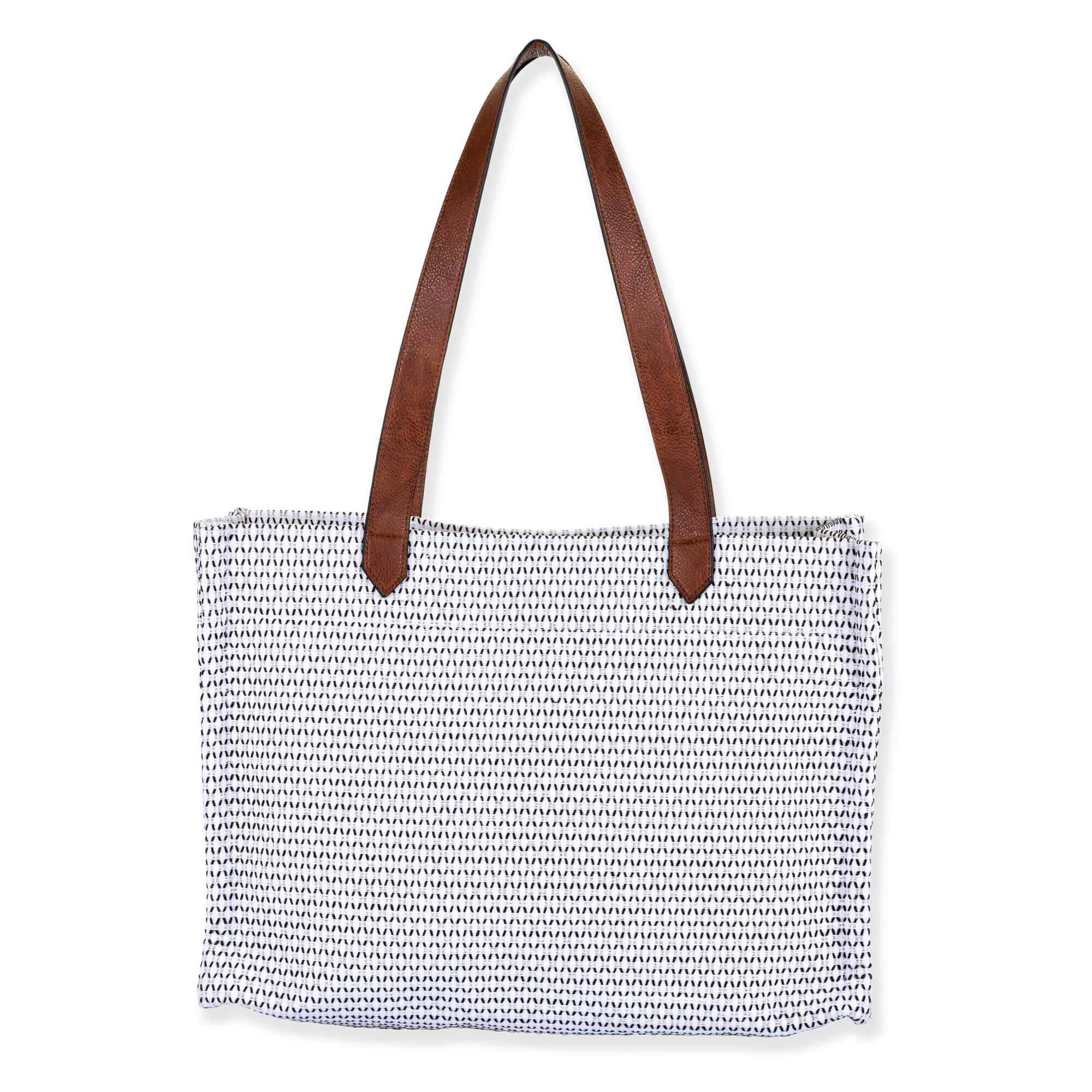 Rear view of Sun N Sand shoulder tote featuring a black-and-white patterned weave, brown pebbled faux-leather straps, and matching pocket.