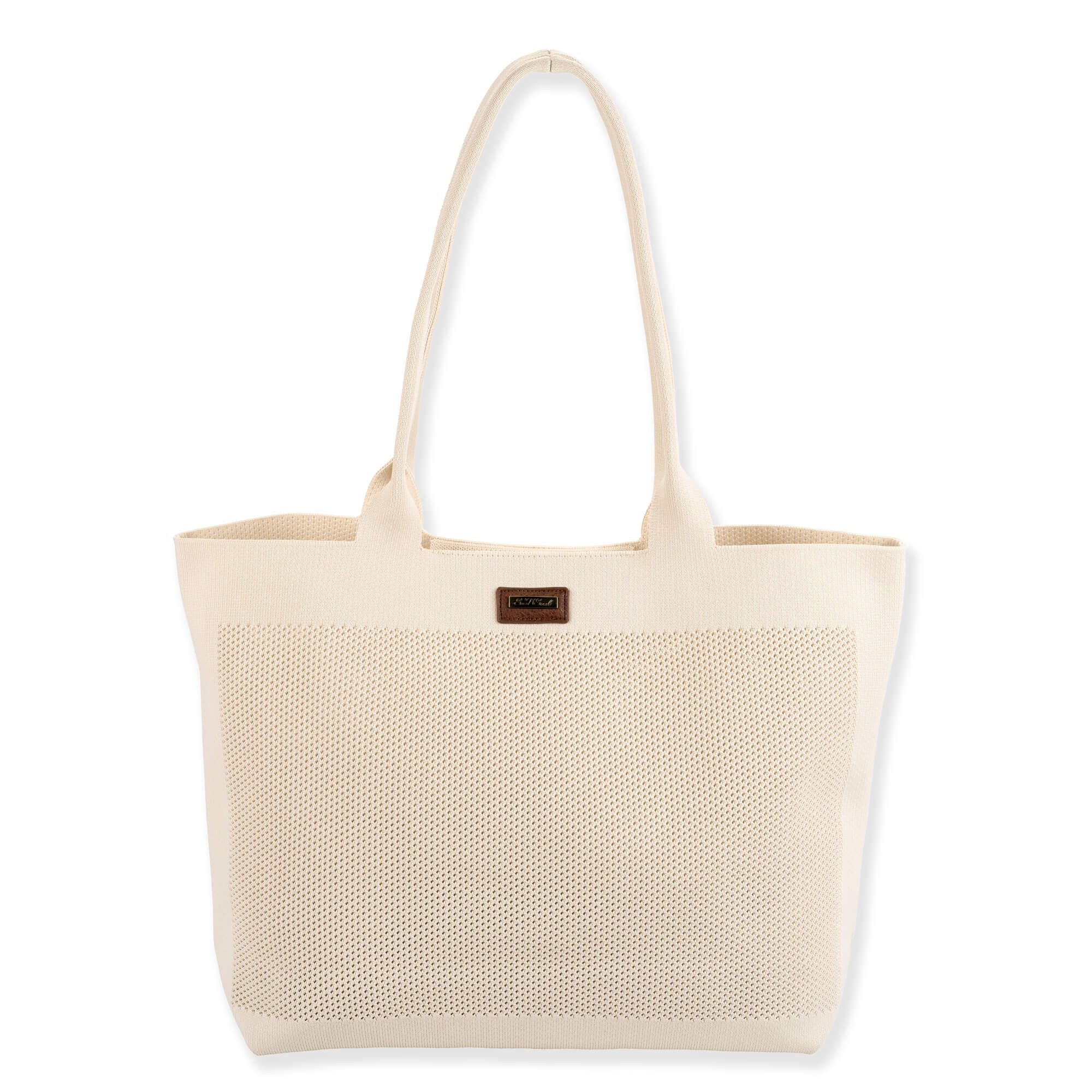 Front view of a cream Sun N Sand Breeze Wind shoulder tote featuring a perforated mesh texture and brown logo patch.