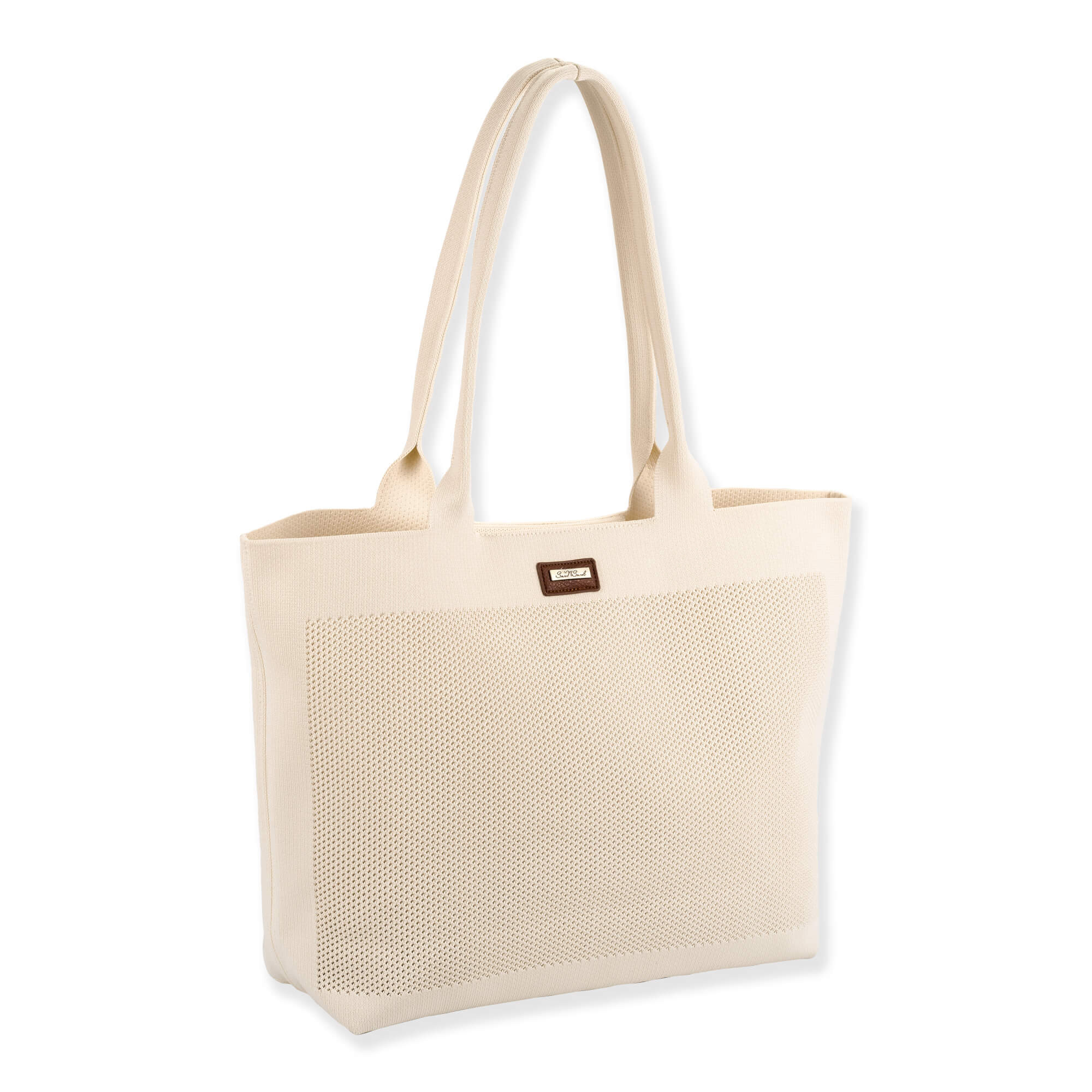 three quarters view of a cream Sun N Sand Breeze Wind shoulder tote featuring a perforated mesh texture and brown logo patch.