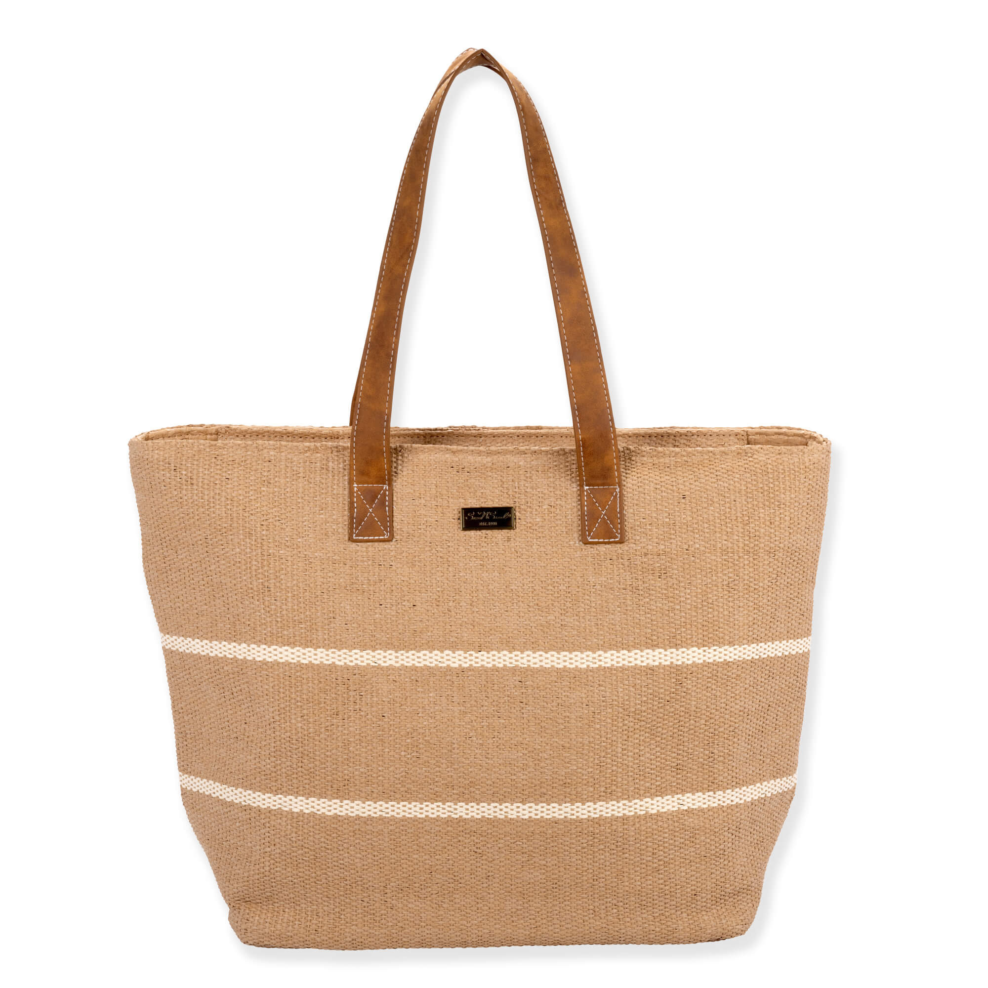 Front view of Sun 'N' Sand tan burlap tote, white horizontal stripes, brown faux leather shoulder straps, and logo plate.