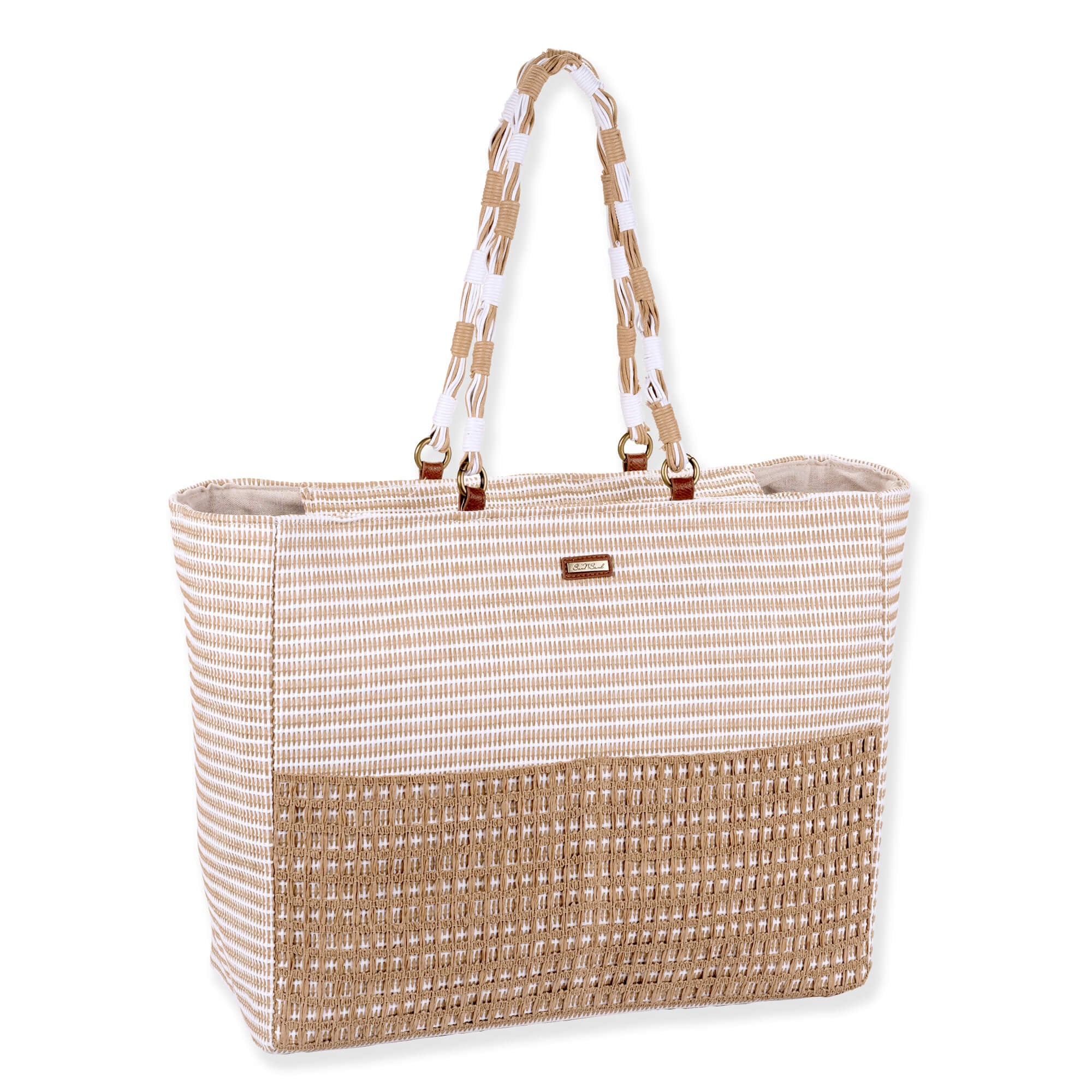 three quarters Front view of Sun 'N' Sand tan striped tote, featuring a thick woven base, braided cord handles, and brass rings.