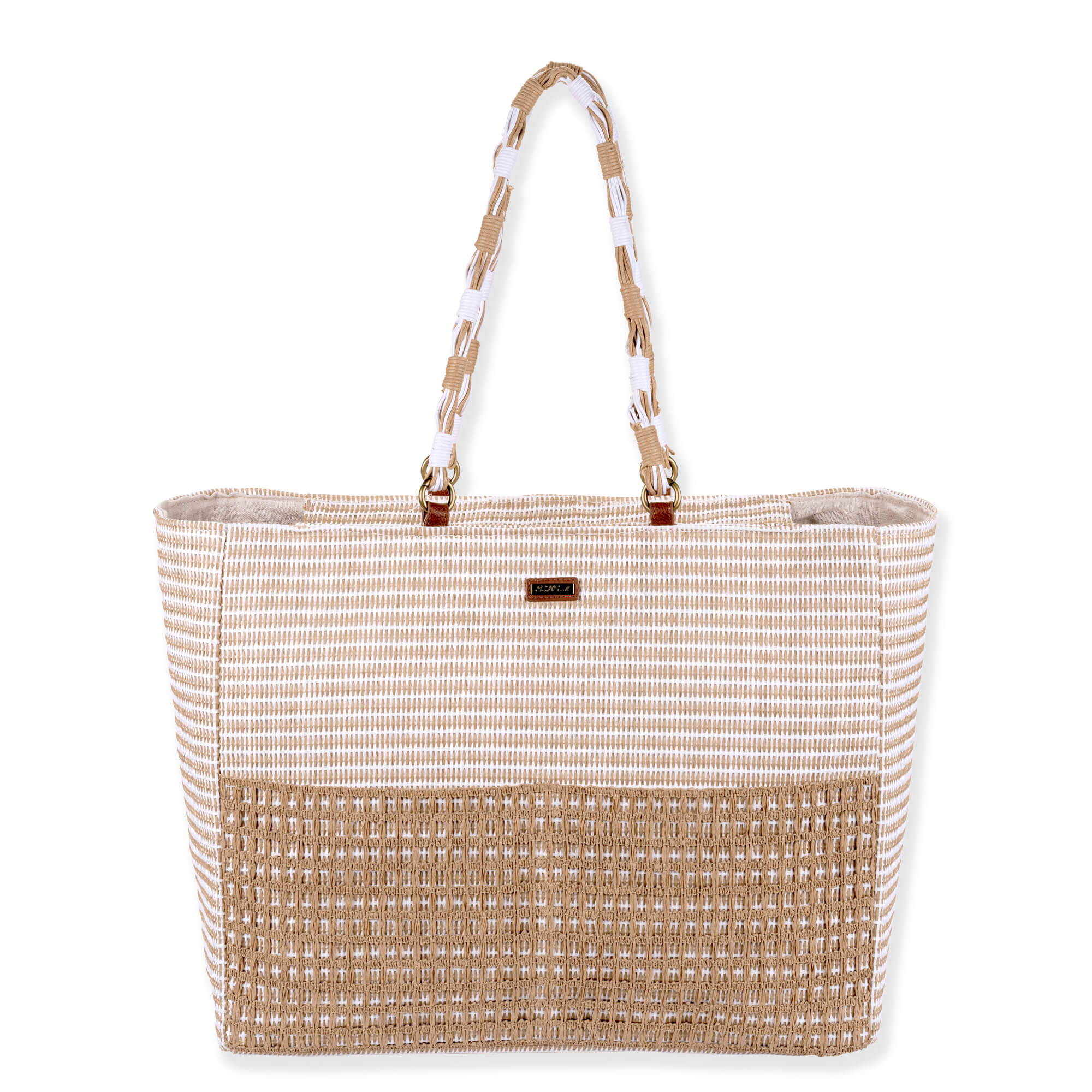 Front view of Sun 'N' Sand tan striped tote, featuring a thick woven base, braided cord handles, and brass rings.