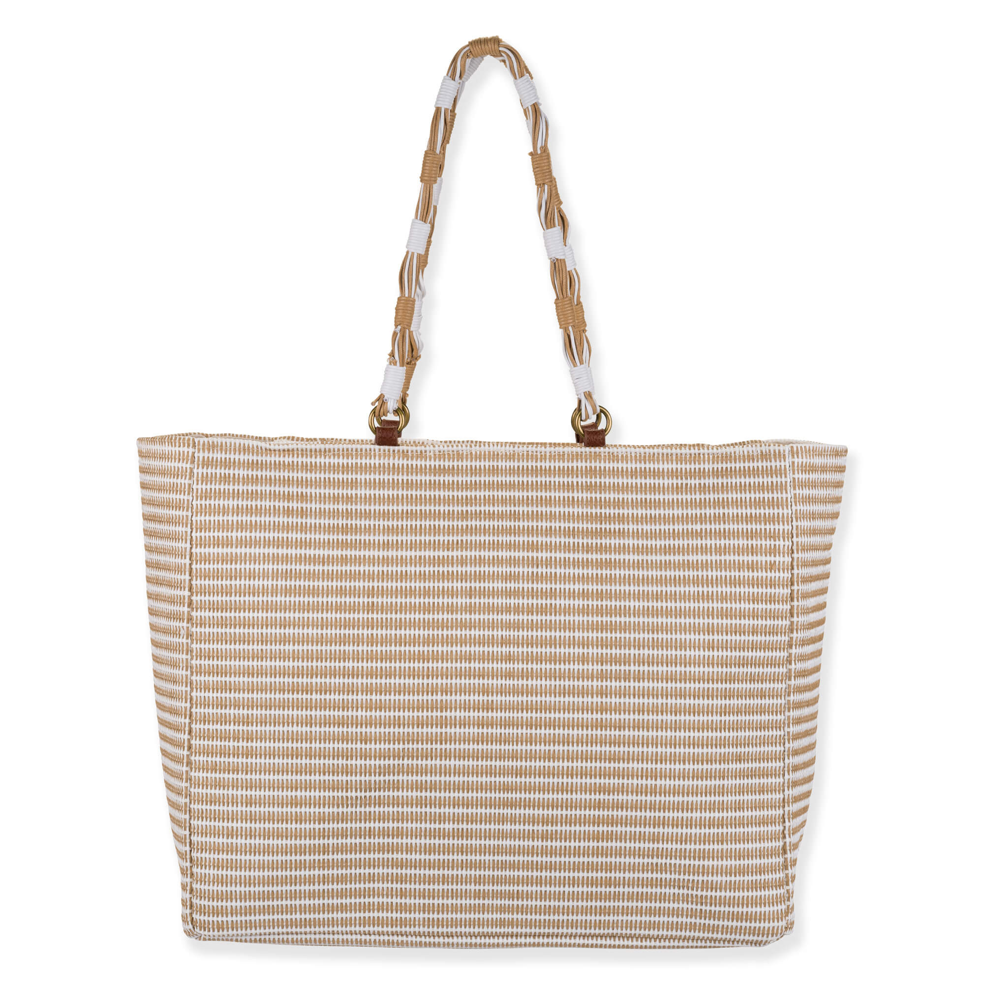 Rear view of Sun 'N' Sand tan striped tote, featuring a thick woven base, braided cord handles, and brass rings.