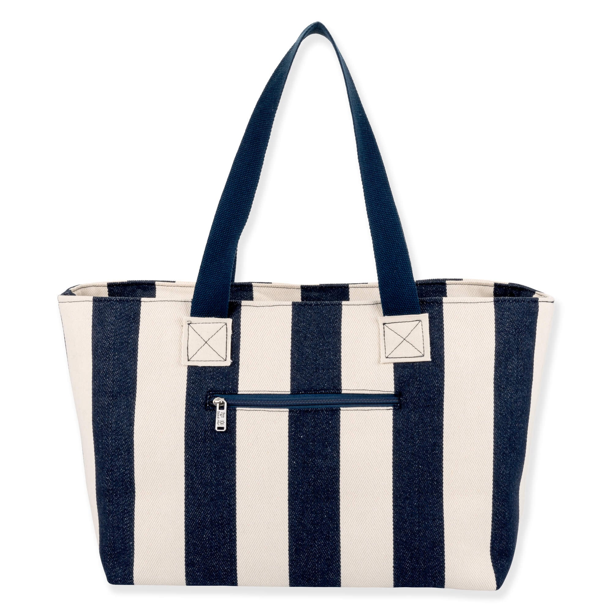 Rear view of Sun 'N' Sand black striped canvas tote featuring a horizontal zippered security pocket and black woven handles.
