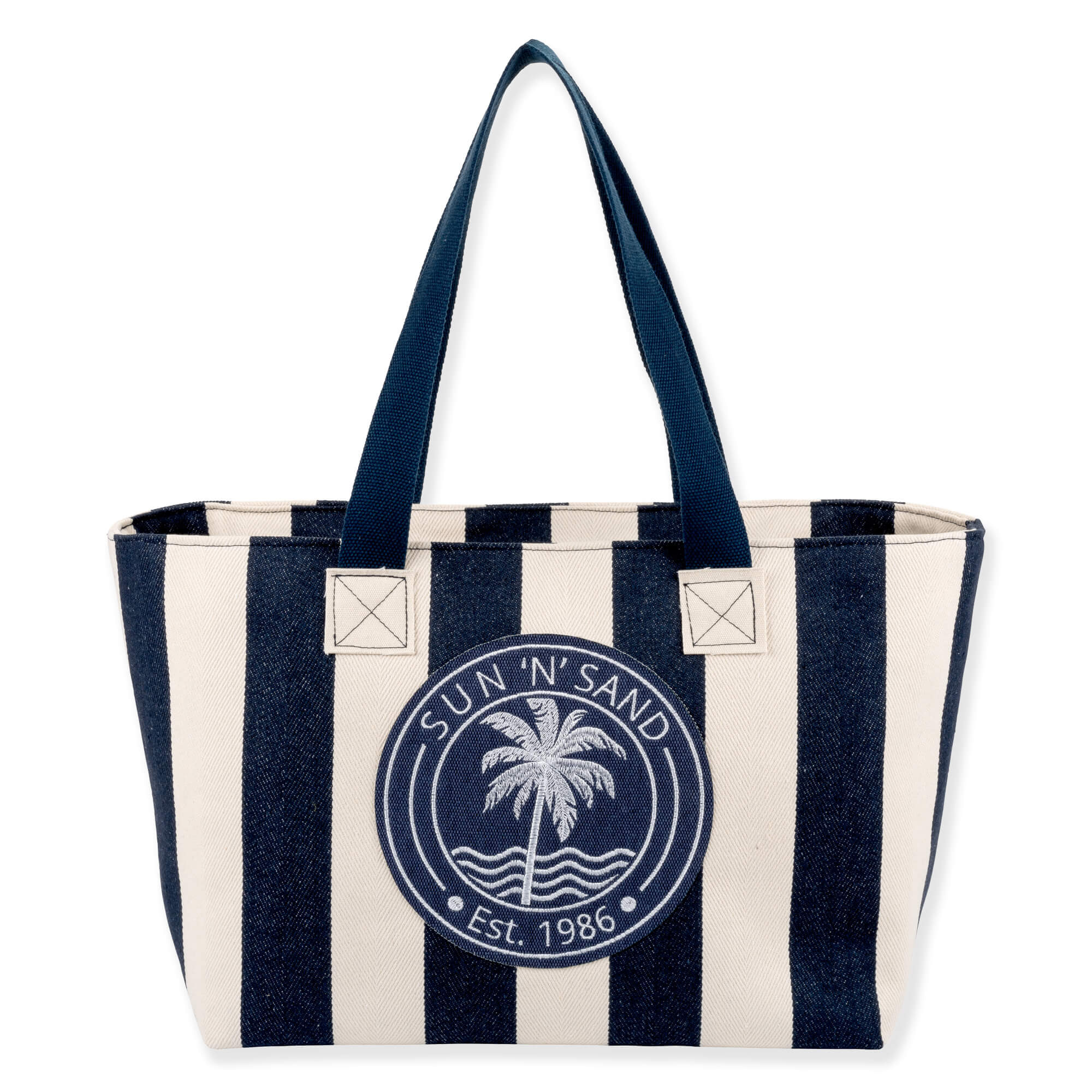 Front view of Sun 'N' Sand black striped canvas tote featuring a horizontal zippered security pocket and black woven handles.