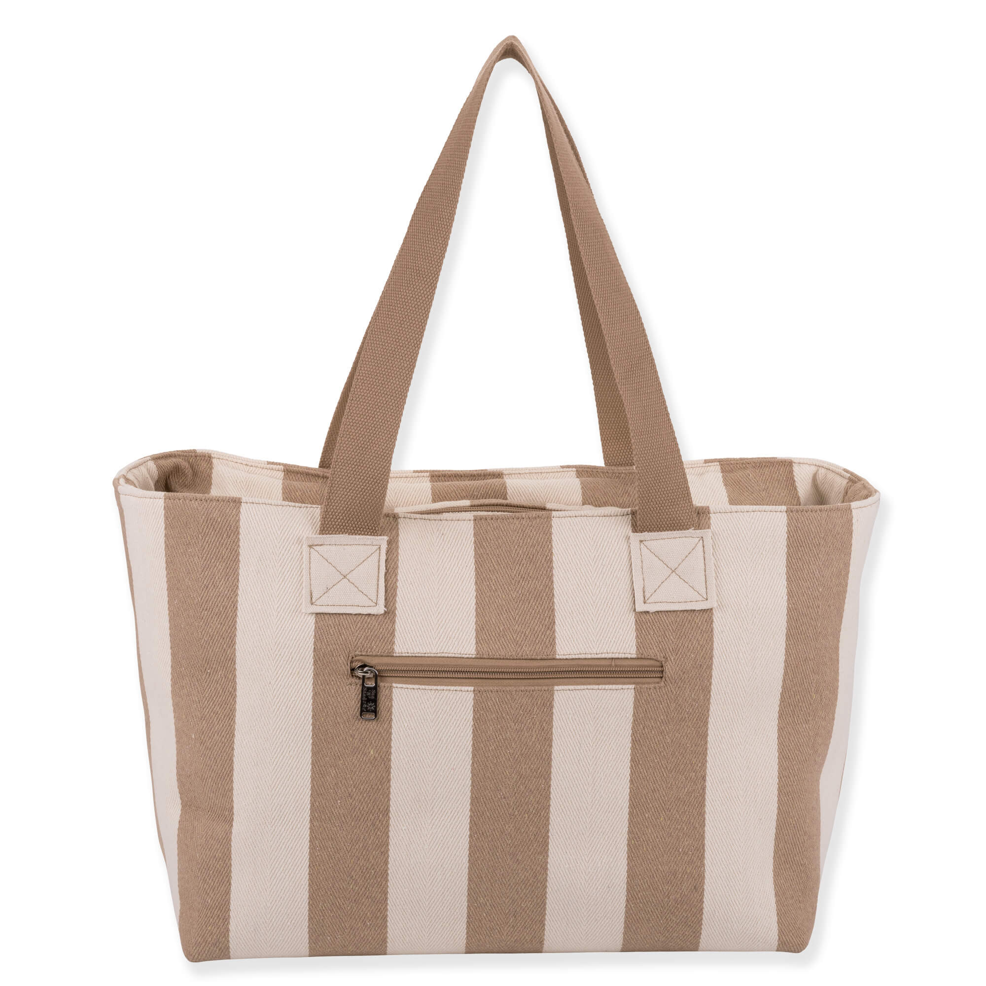 Rear view of Sun 'N' Sand tan striped canvas tote featuring a horizontal zippered security pocket and brown woven handles.