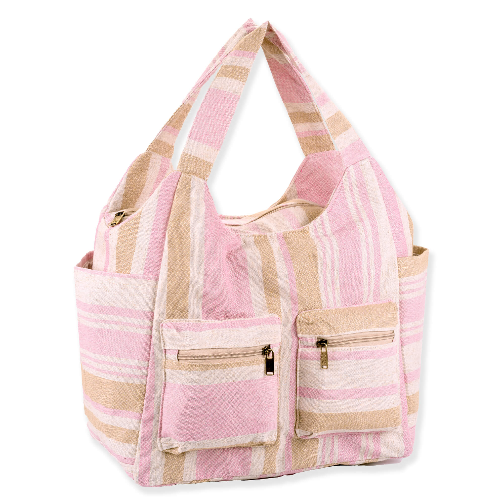 Three-quarter view of pink and tan striped canvas hobo tote, two zippered front pockets, side slip pockets, and integrated handles.