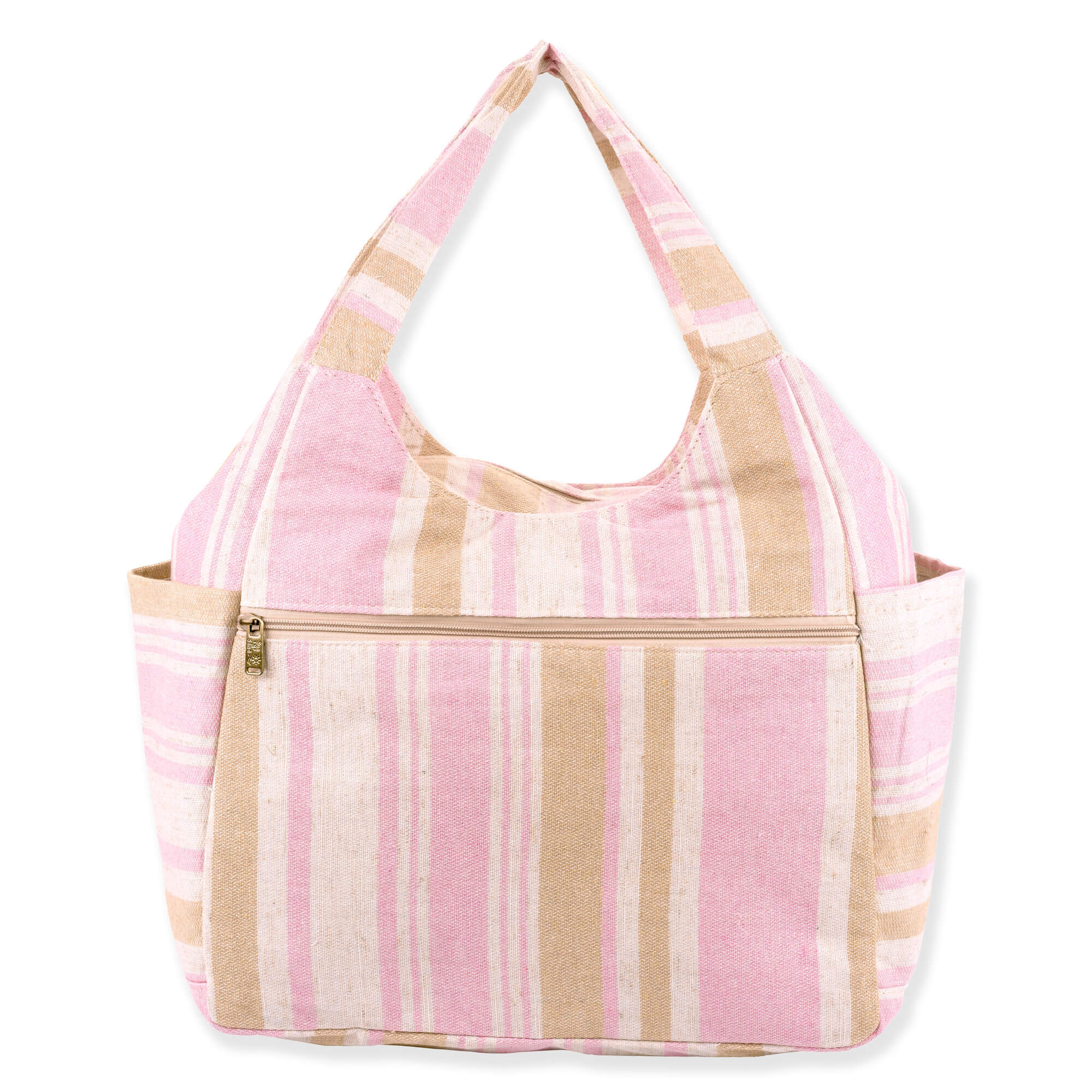 Rear view of pink and tan striped canvas hobo tote, large horizontal zippered back pocket, and integrated shoulder straps.