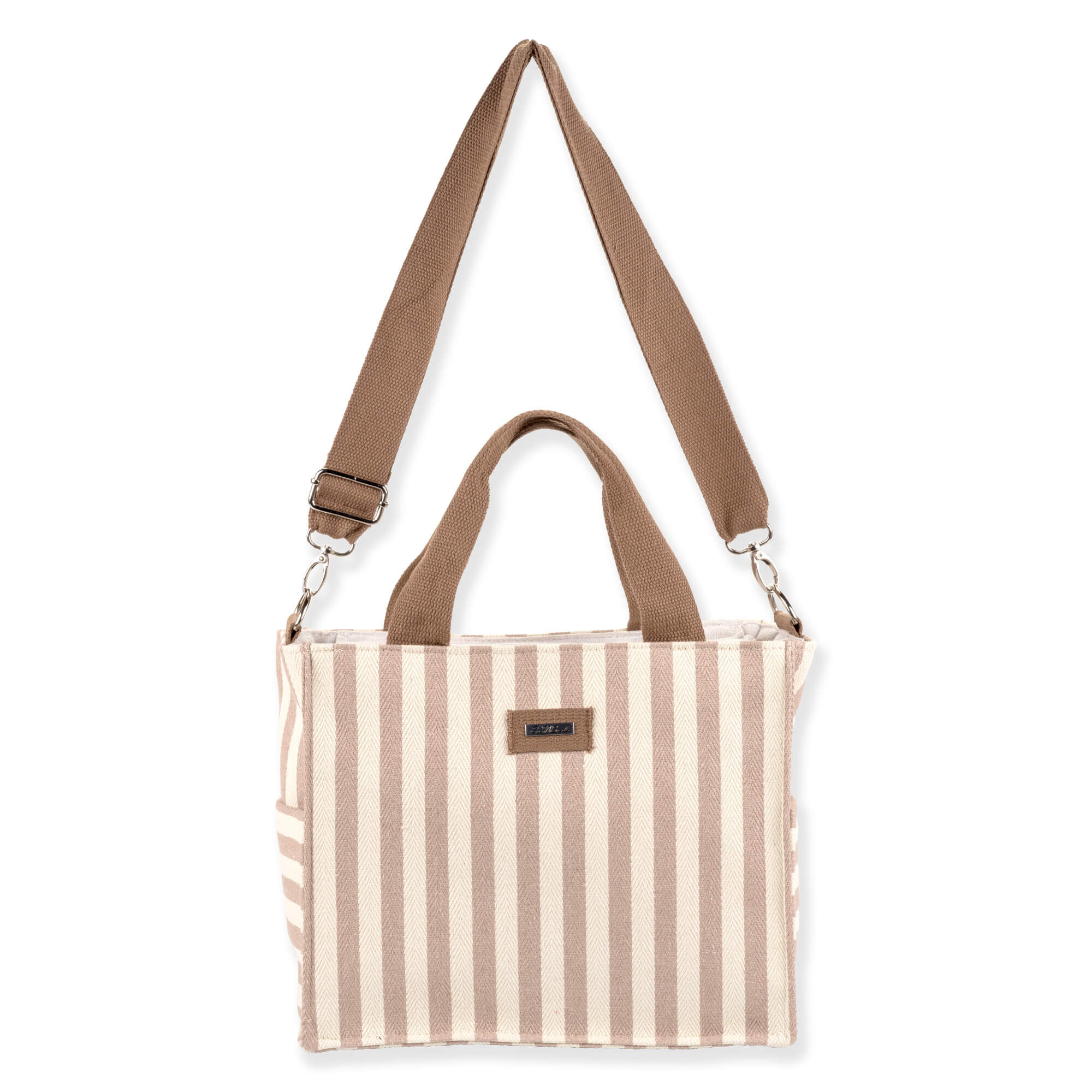 Front view of Caribbean Joe tan and white striped canvas tote, brown woven straps, silver lobster clasps, and side pockets.