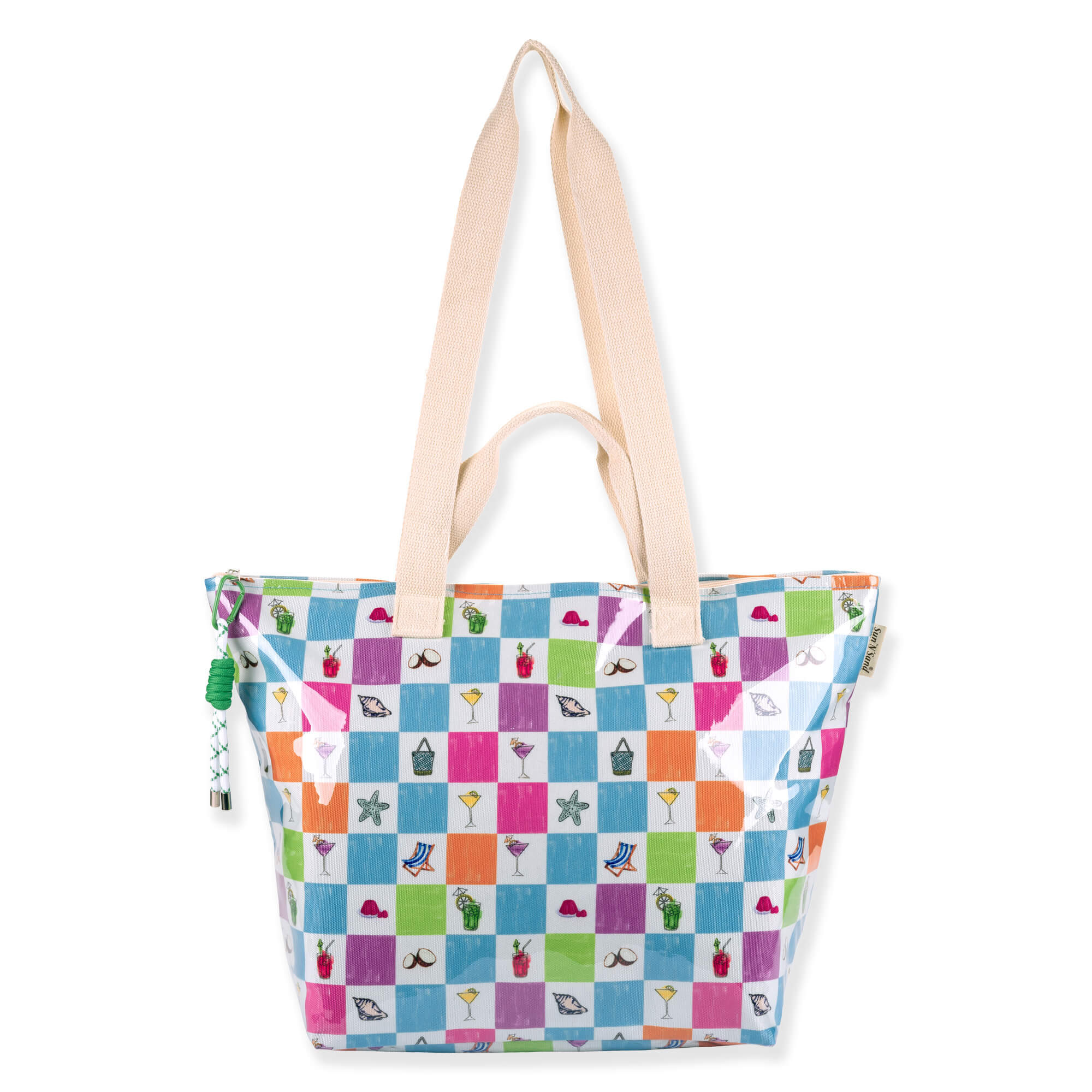 Front view of Sun 'N' Sand checkered tote, tropical cocktail and beach icons, tan woven handles, and green toggle zipper.