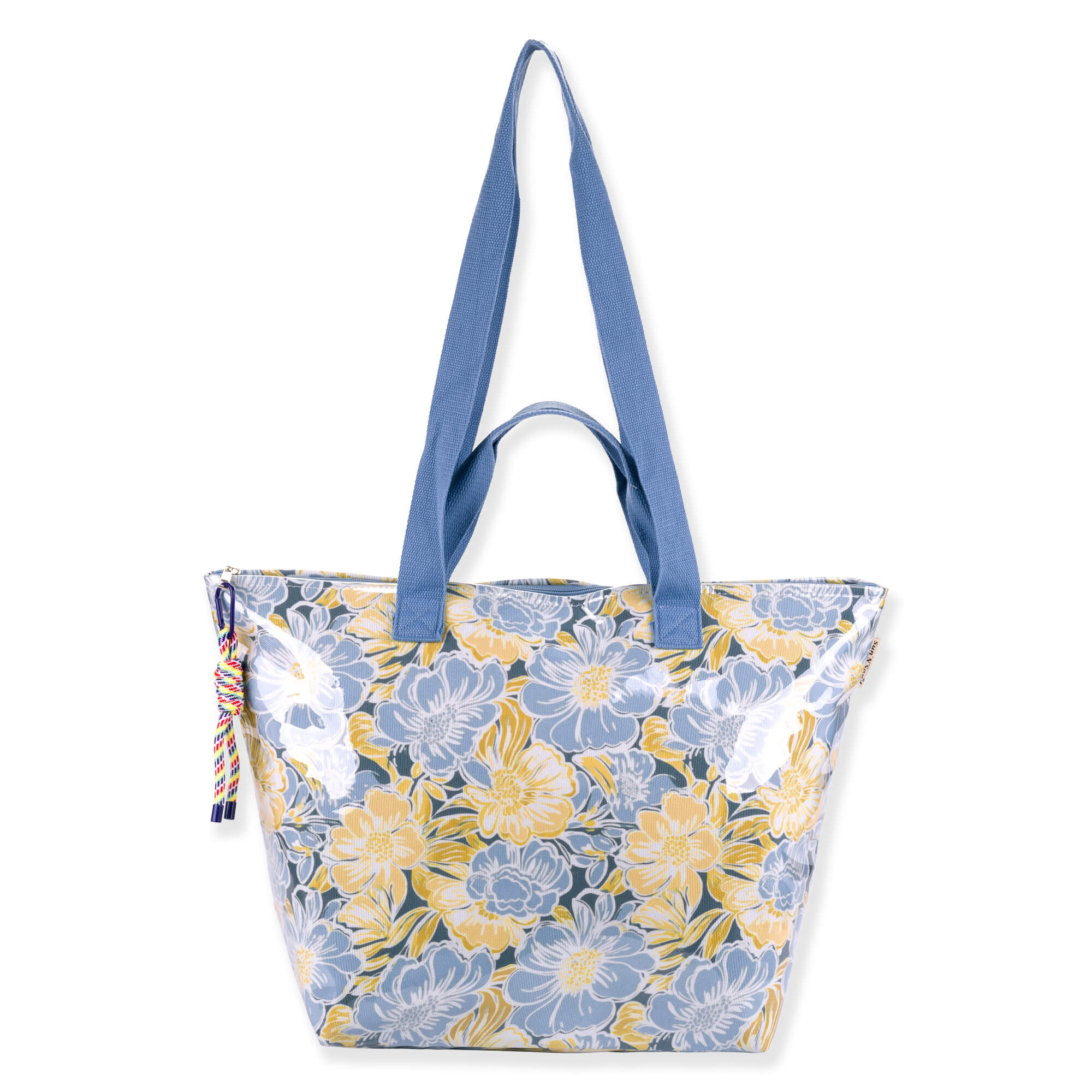 Front view of Sun 'N' Sand blue and yellow floral tote, glossy coated finish, blue woven handles, and knotted rope toggle.
