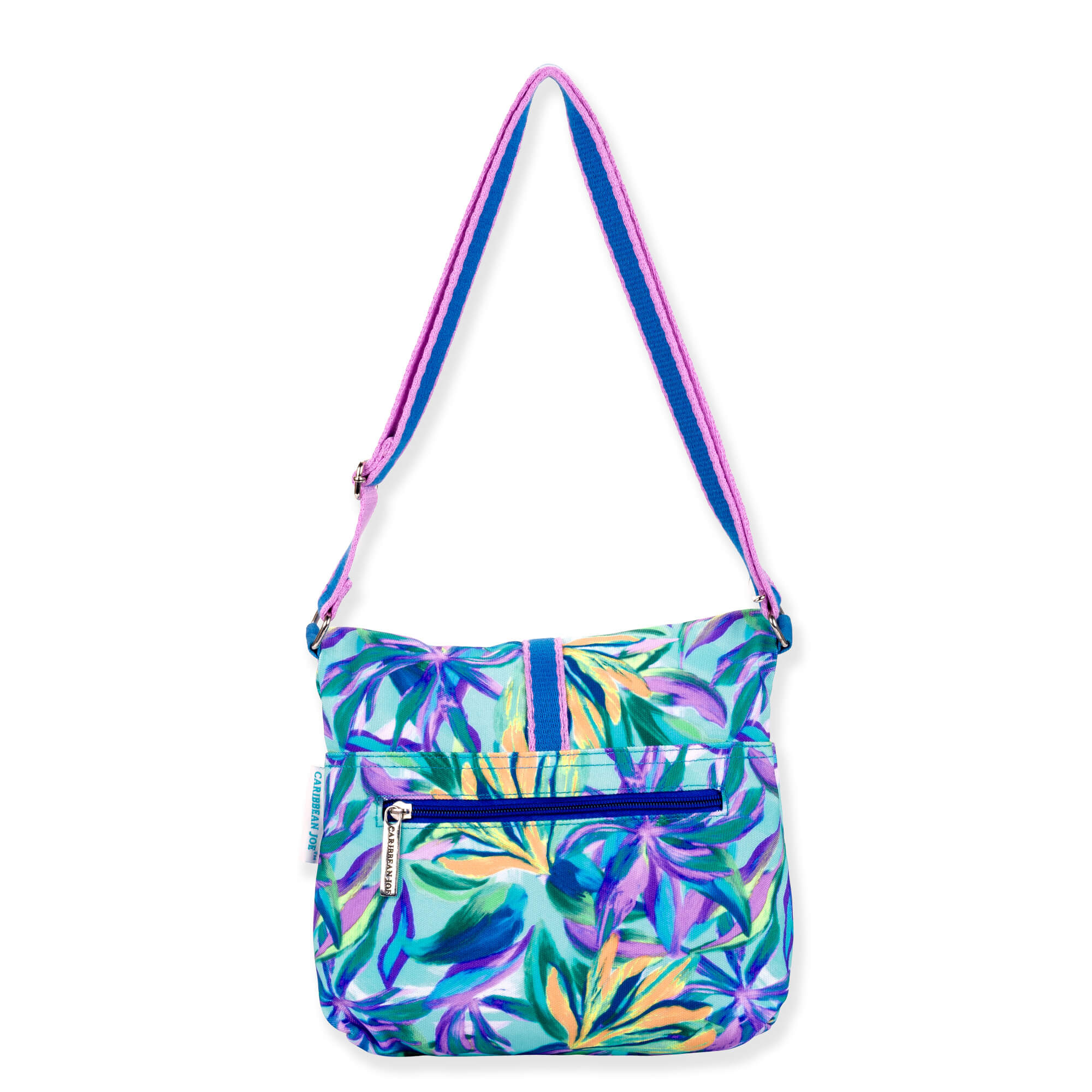 Rear view of Caribbean Joe CJ8911 Cool Bahama crossbody, teal tropical palm print, zippered back pocket, and pink-edged blue strap.
