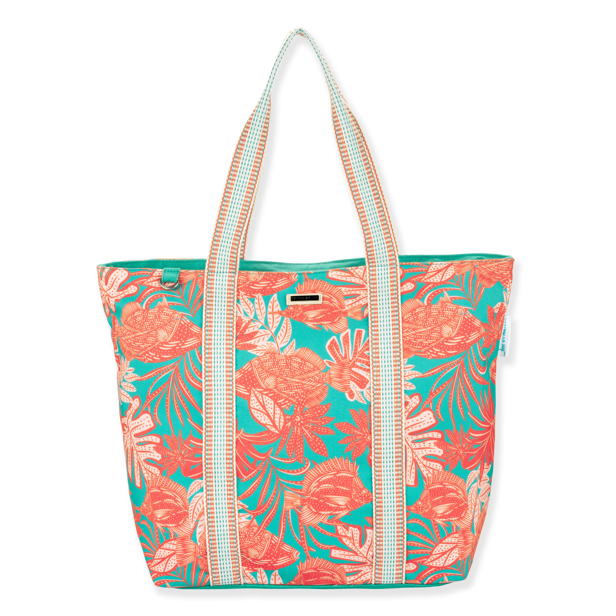 Front view of Caribbean Joe CJ8927 teal shoulder tote, orange tropical fish print, striped webbing straps, and silver D-ring hardware.