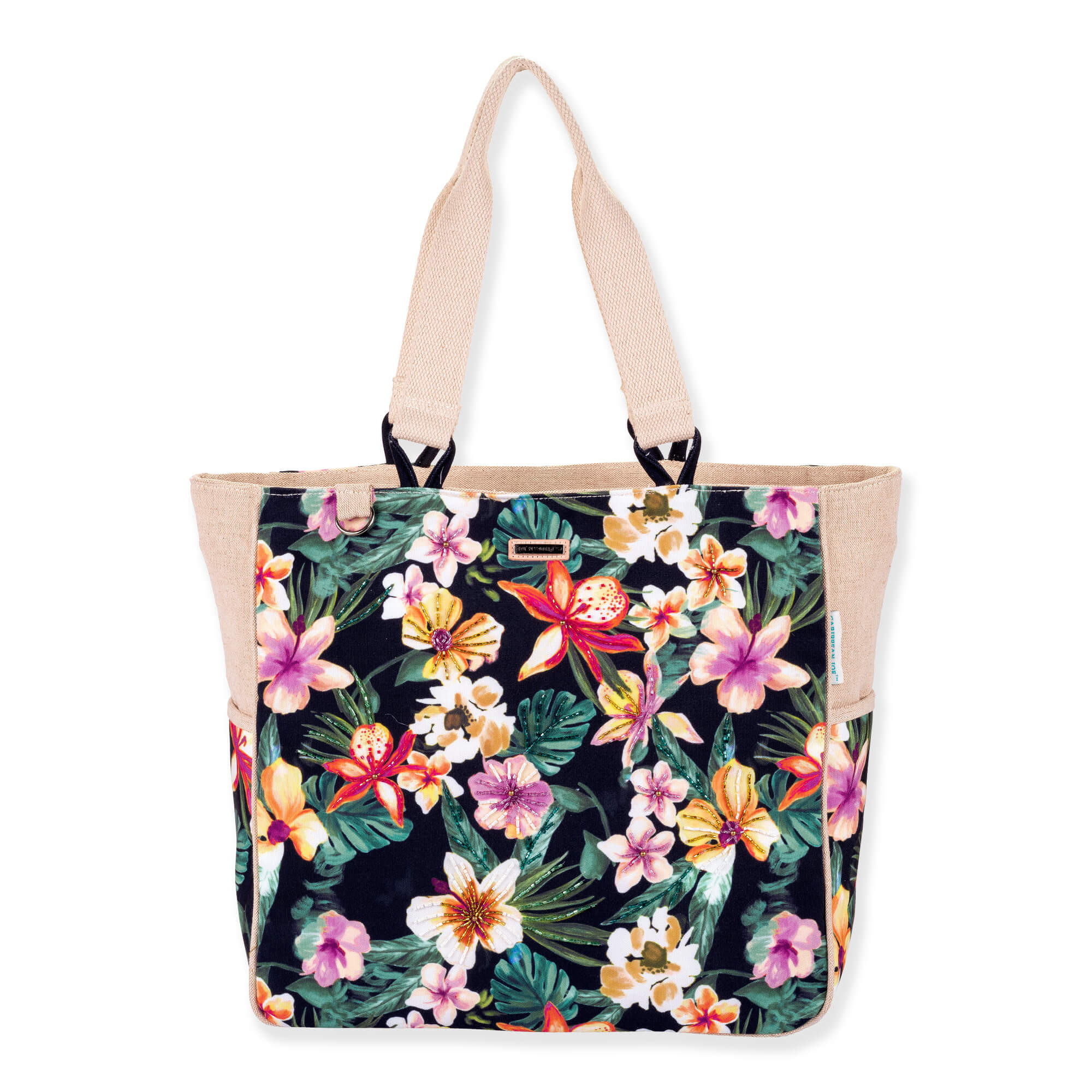 Front view of black Caribbean Joe Dark Tropics shoulder tote featuring floral canvas, tan burlap texture, and woven flat handles.
