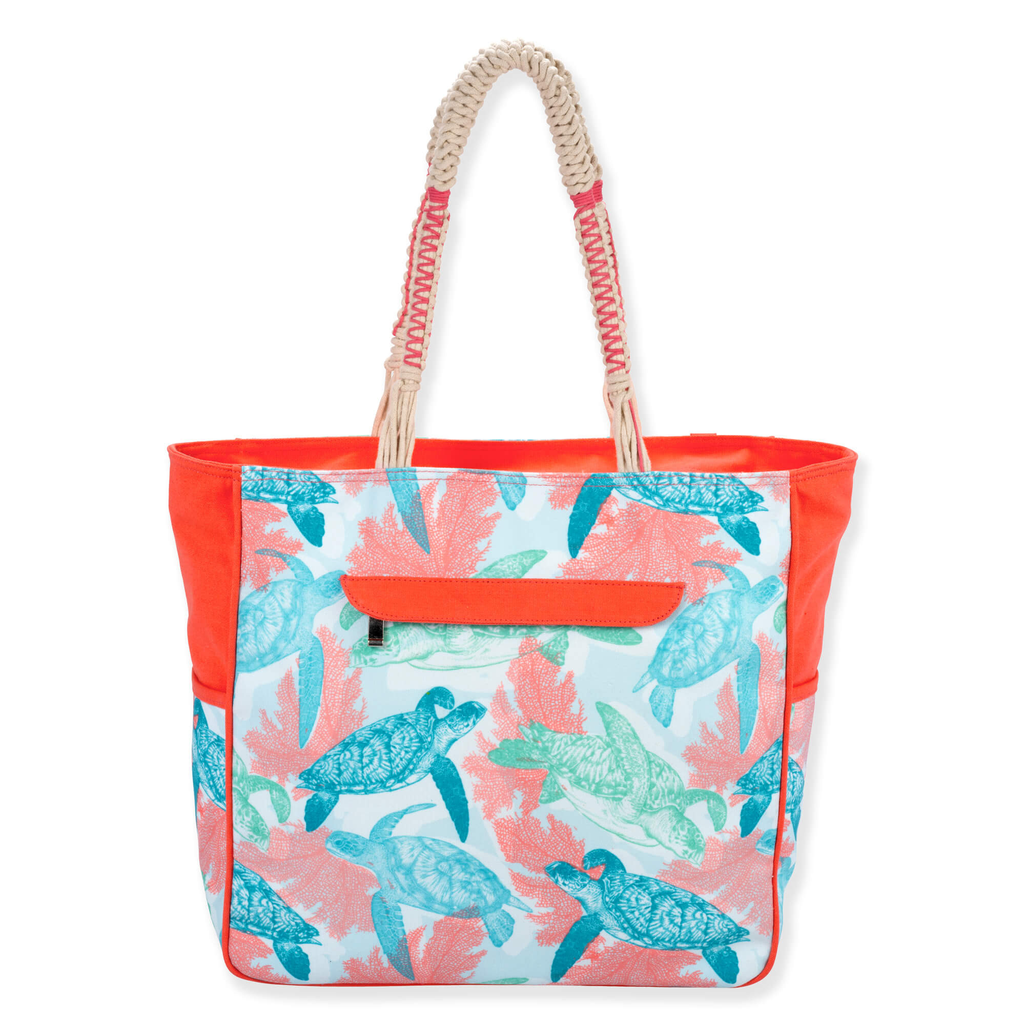 Back view of light blue Guy Harvey Stipple Turtle large tote featuring canvas texture, orange zippered pocket, and braided rope handles.