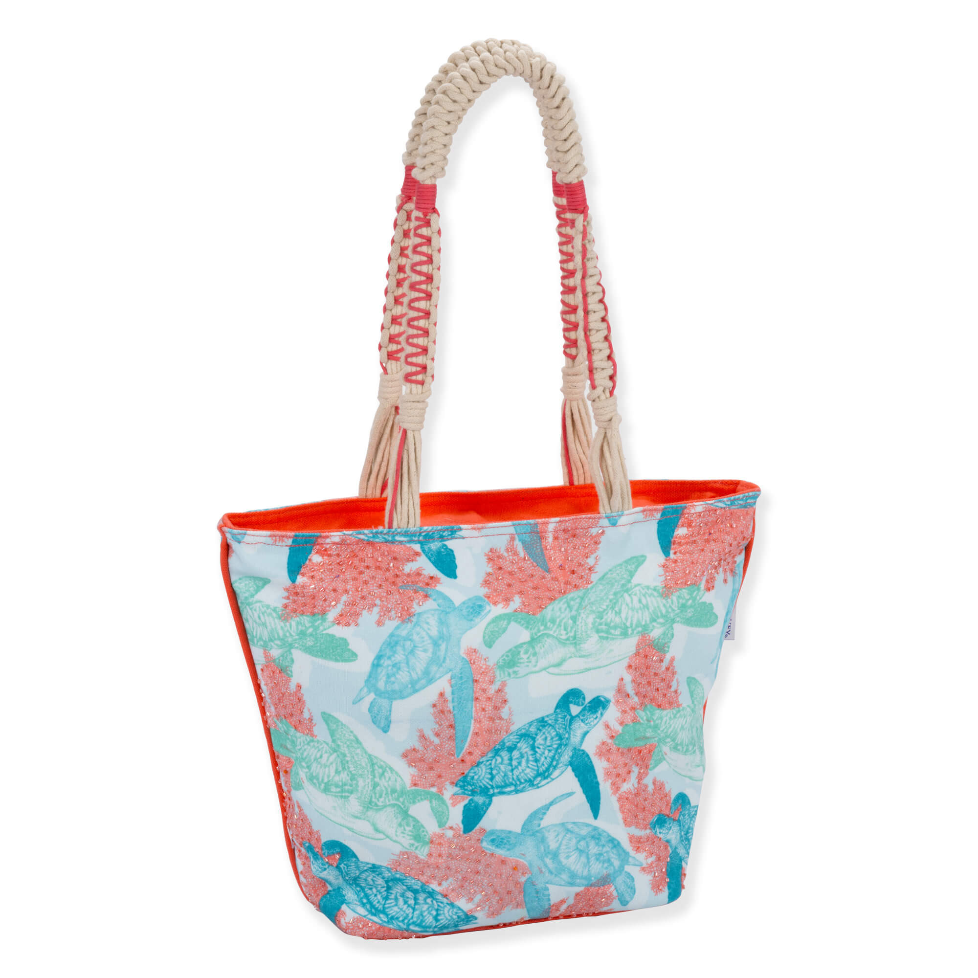 Three-quarter view of light blue Guy Harvey Stipple Turtle shoulder tote featuring canvas texture, teal turtle print, and braided rope handles.