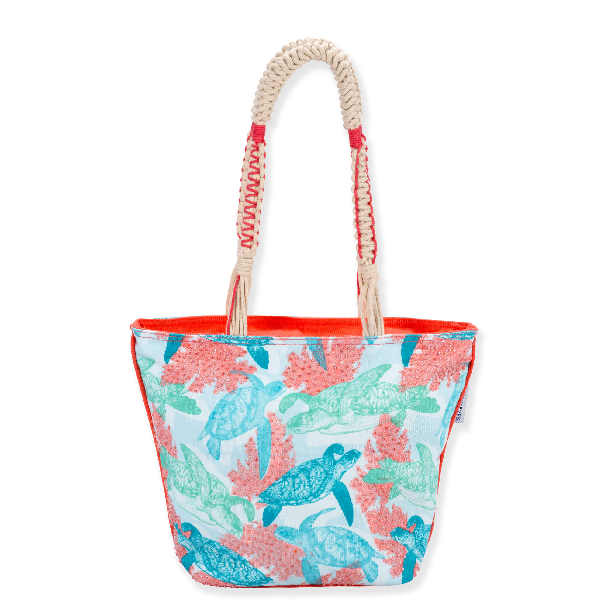 Front view of light blue Guy Harvey Stipple Turtle shoulder tote featuring canvas texture, teal turtle print, and braided rope handles.