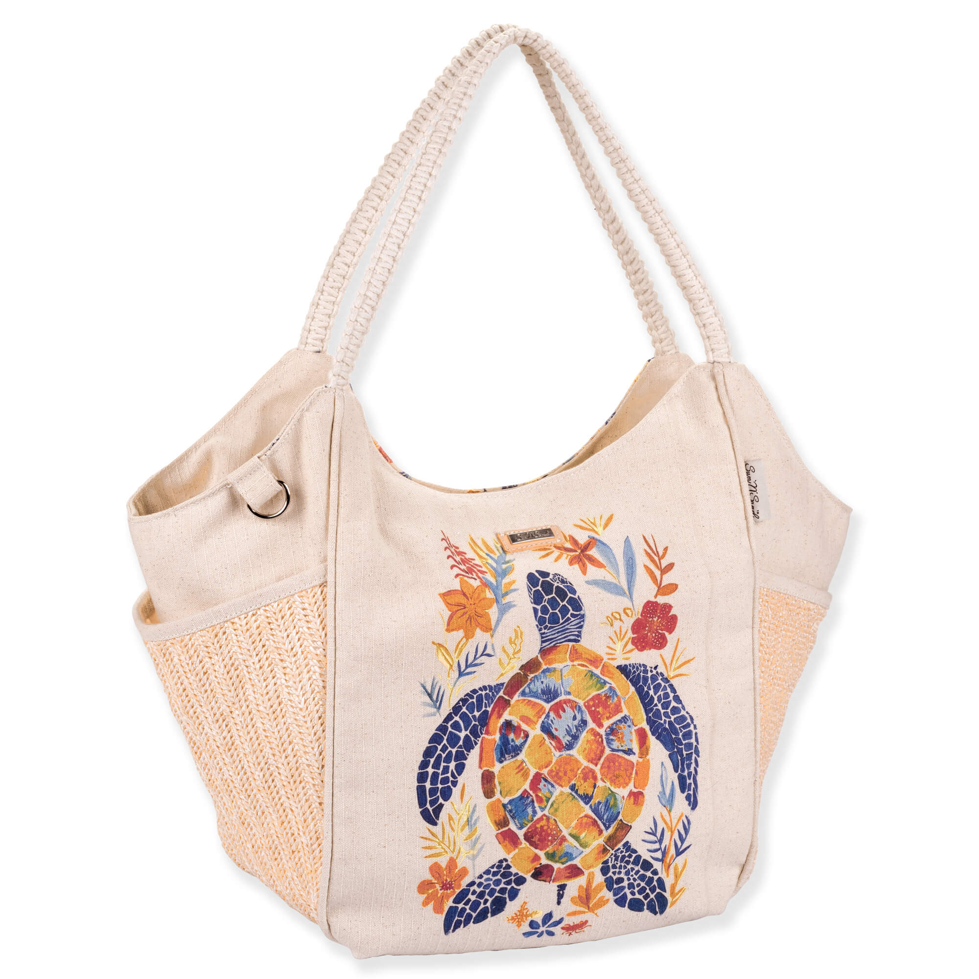 Side view of beige Sun 'N' Sand Turtle Mania scoop tote featuring canvas texture, colorful turtle print, and braided handles.