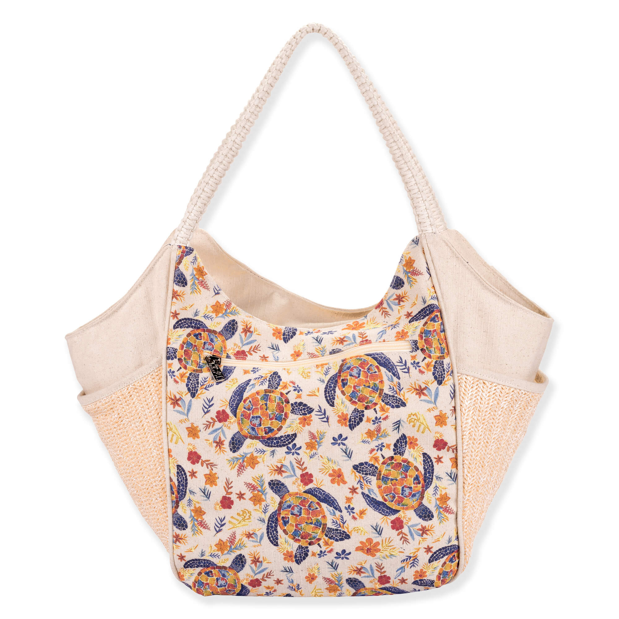 Back view of beige Sun 'N' Sand Turtle Mania scoop tote featuring canvas texture, colorful turtle print, and braided handles.