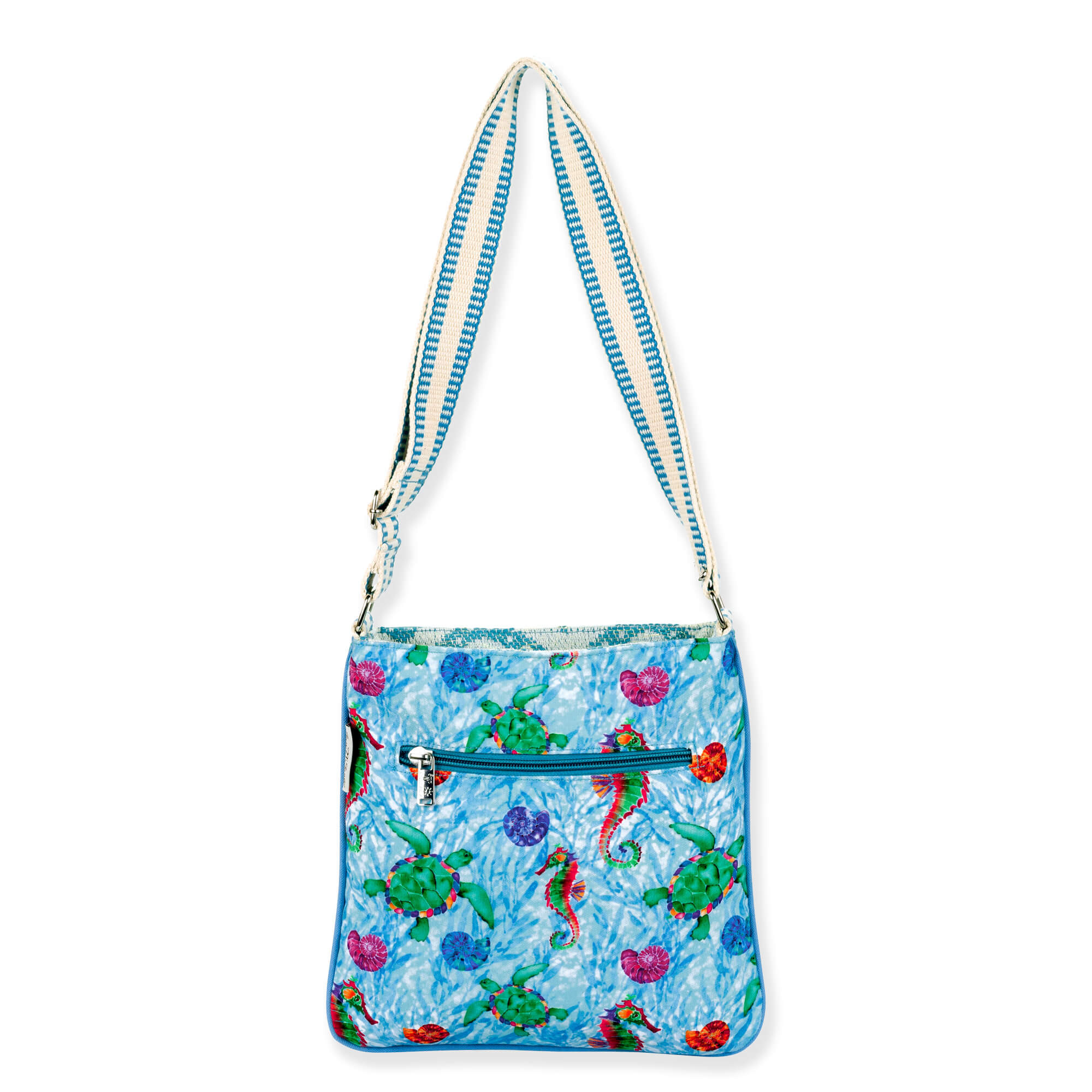 Back view of blue Sun 'N Sand sea life crossbody featuring canvas texture, aquatic animal print, and striped adjustable strap.