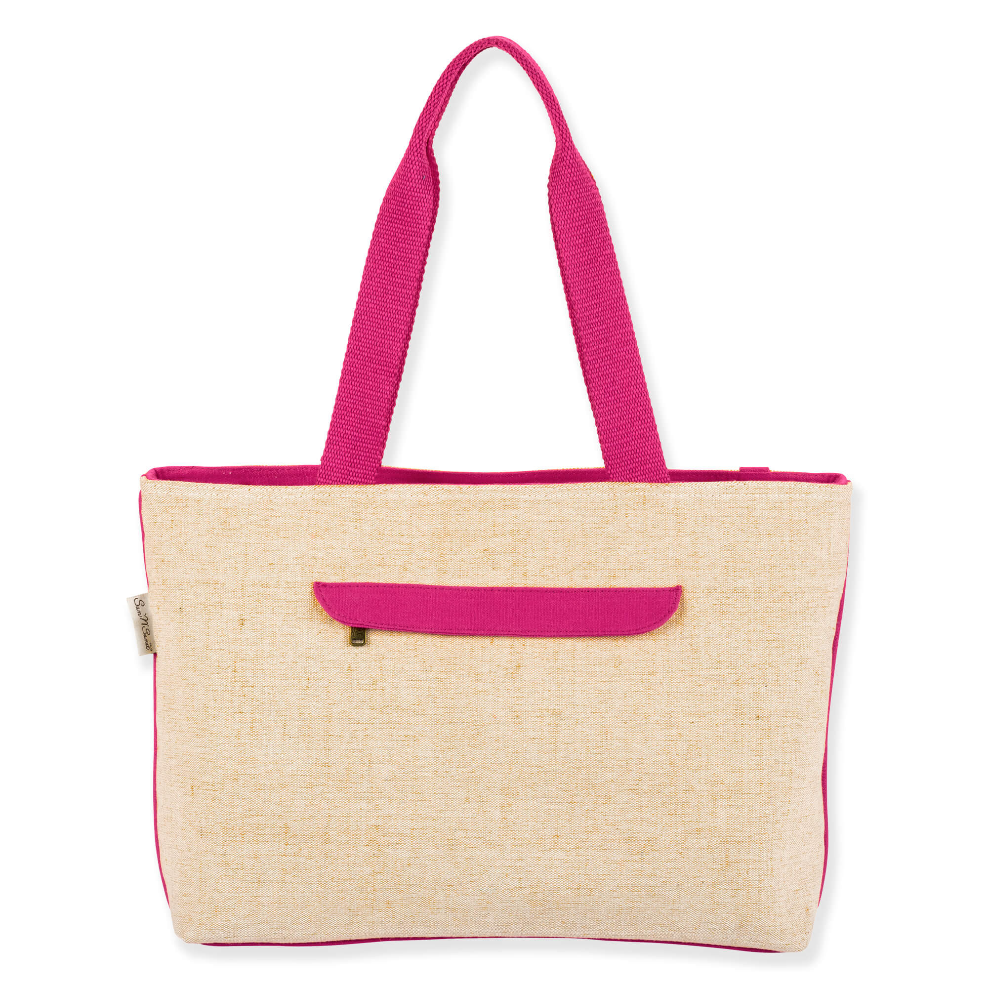 Back view of beige Sun 'N' Sand Beaded Monstera shoulder tote featuring woven canvas texture, pink zippered pocket, and pink straps.