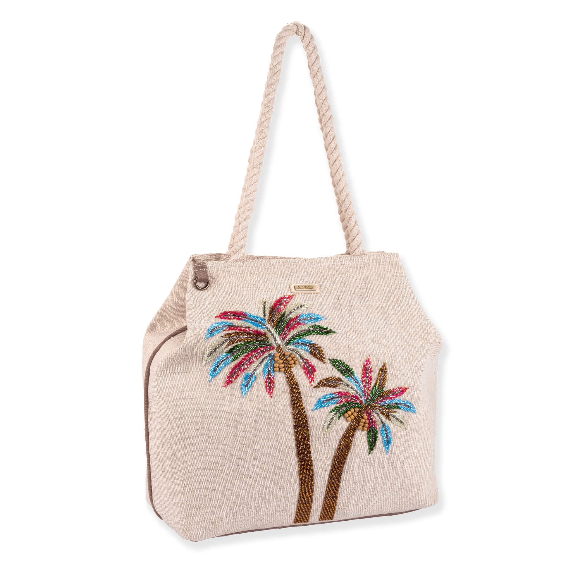 Three-quarter view of beige Sun 'N' Sand Fancy Palms gap tote featuring woven canvas, beaded palm tree appliques, and braided handles.