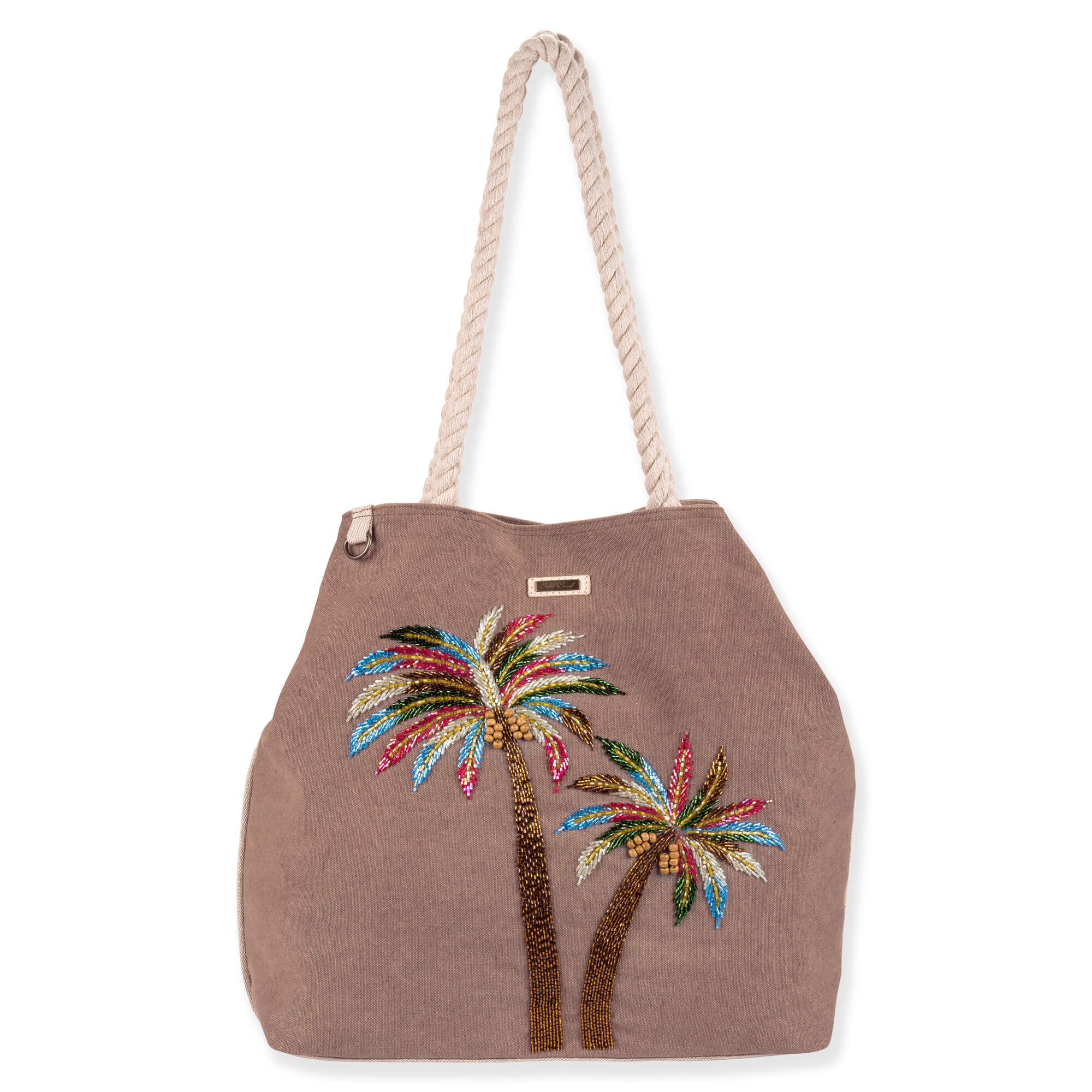 Front view of brown Sun 'N' Sand Fancy Palms gap tote featuring woven canvas, beaded palm tree appliques, and braided rope handles.
