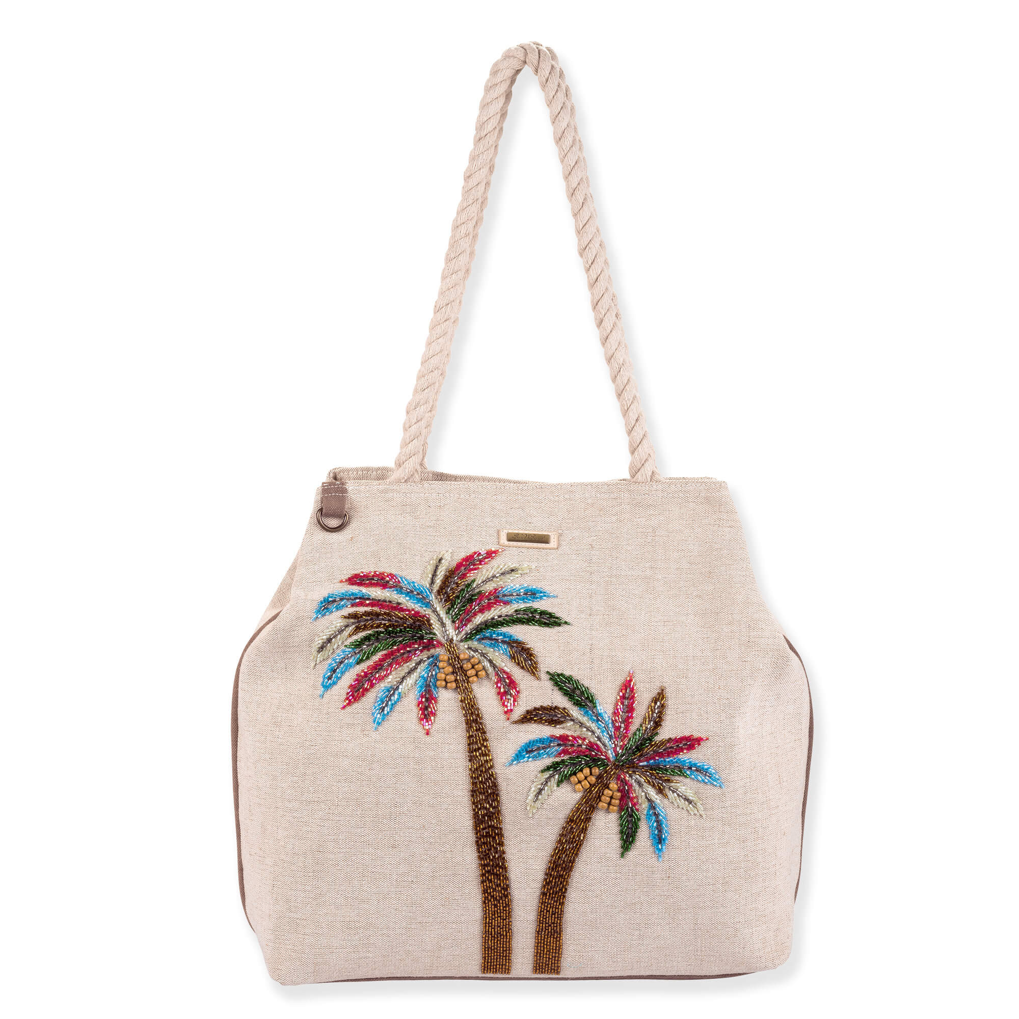 Front view of beige Sun 'N' Sand Fancy Palms gap tote featuring woven canvas, beaded palm tree appliques, and braided rope handles.