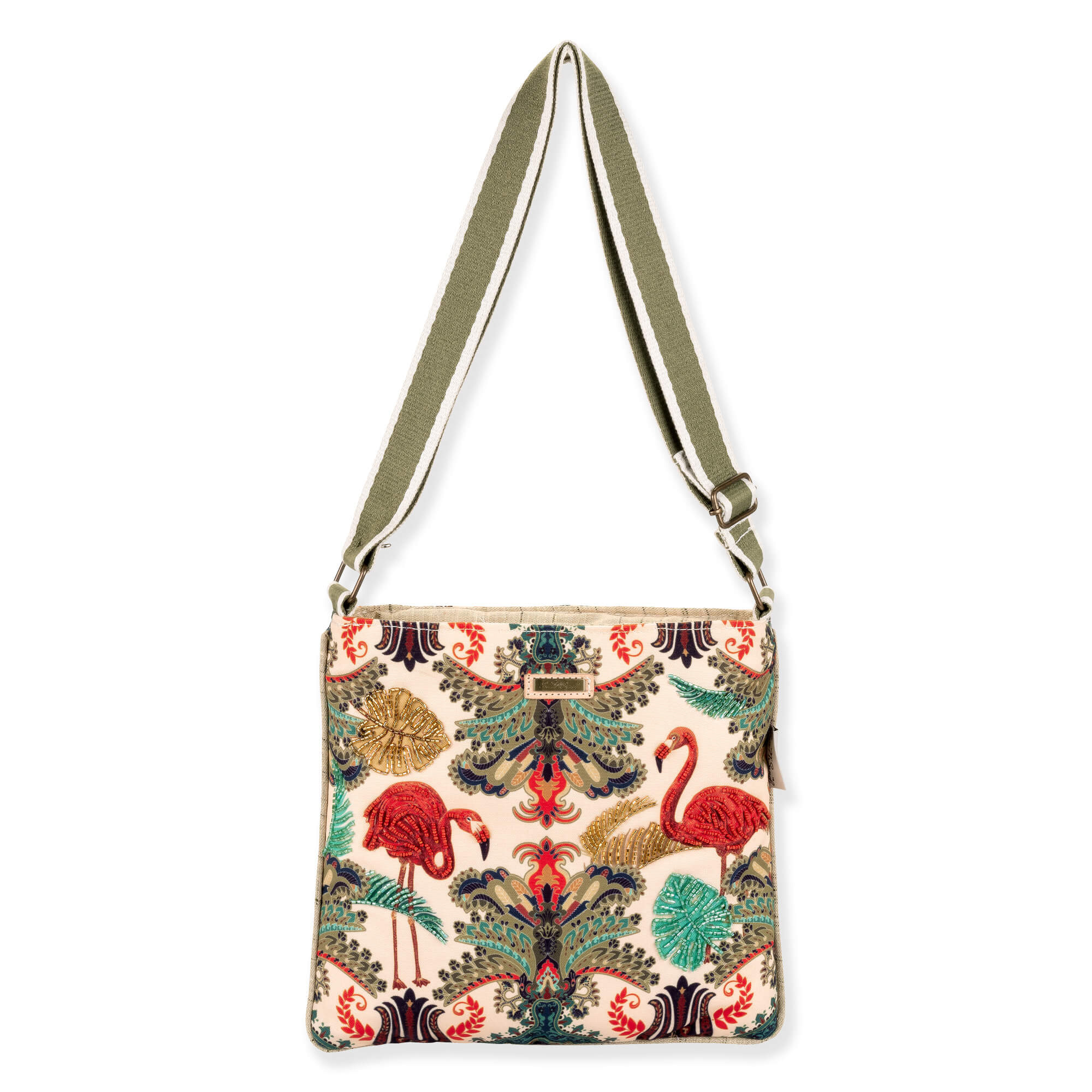 Front view of beige Sun 'N' Sand Royal Flamingo crossbody bag featuring woven canvas, beaded flamingo appliques, and adjustable green strap