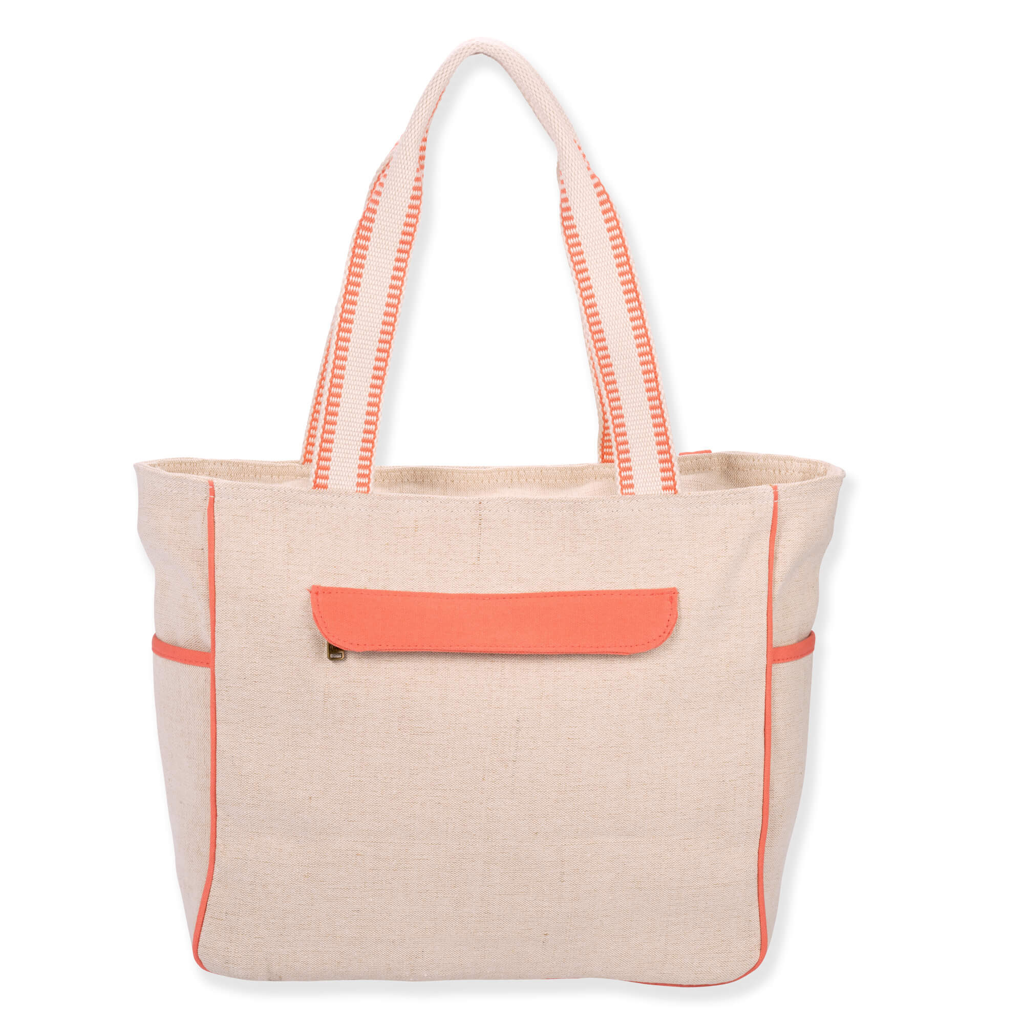 Back view of beige Sun 'N' Sand Beaded Coral shoulder tote featuring woven canvas texture, orange zippered pocket, and side pockets.