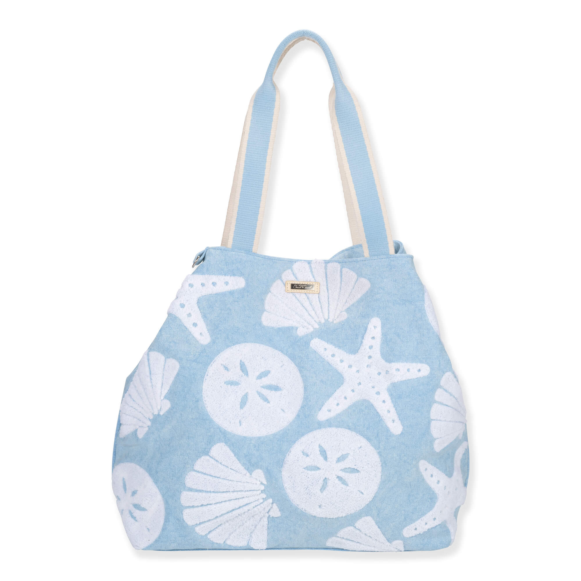 Front view of blue Sun 'N' Sand Mixed Shells gap tote featuring terry cloth texture, white seashell appliques, and flat straps.