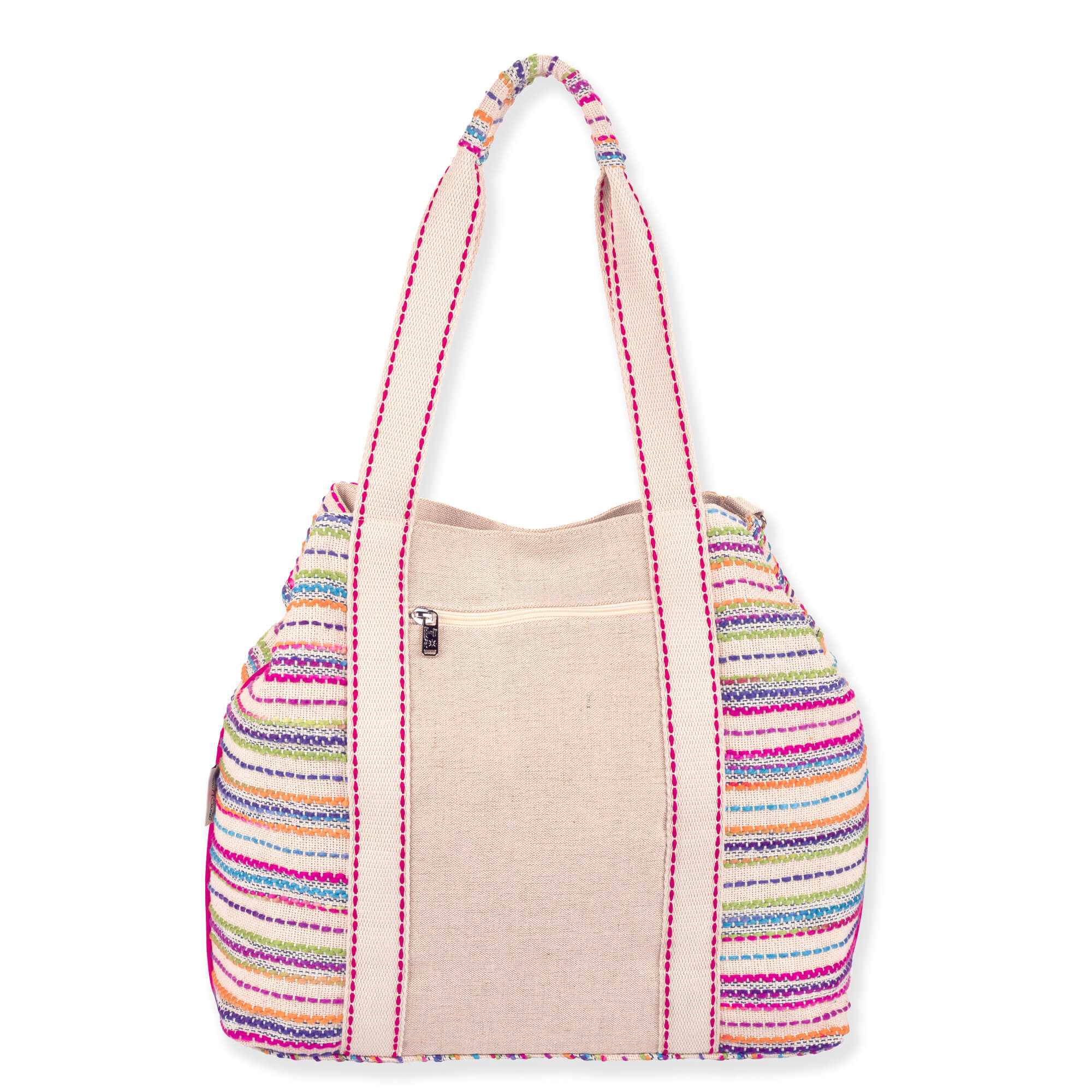 Back view of beige Sun 'N' Sand canvas tote featuring multi-color striped woven panels, zippered pocket, and pink-stitched straps.