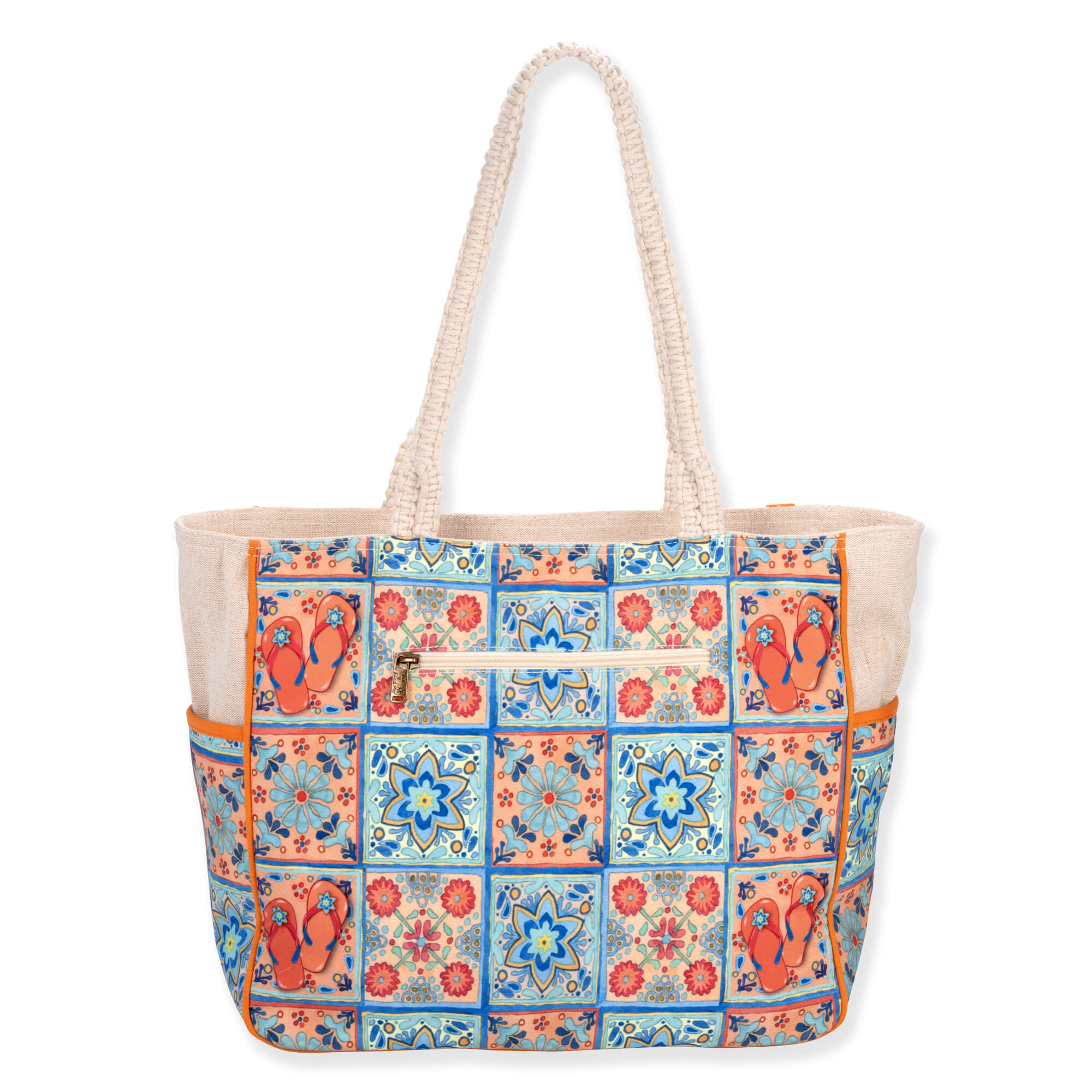 Back view of beige Sun 'N' Sand Andrea Tachiera shoulder tote featuring tile print, zippered pocket, and braided rope handles.