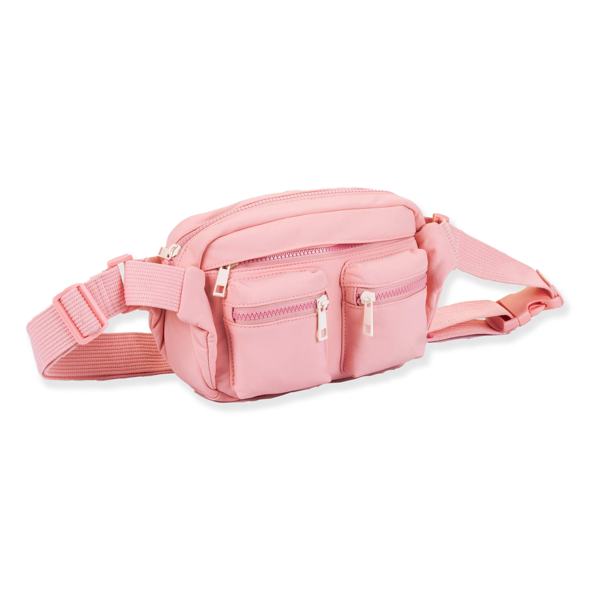 Front view of pink Sun 'N' Sand Isla Voyager belt bag featuring matte nylon, triple zippered pockets, and adjustable strap.