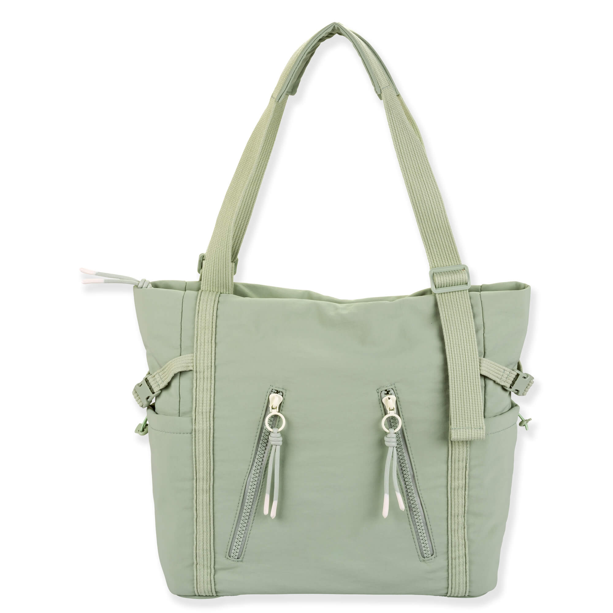 Front view of sage green Sun 'N' Sand Isla Voyager tote featuring matte nylon, dual front zippers, and adjustable shoulder straps.