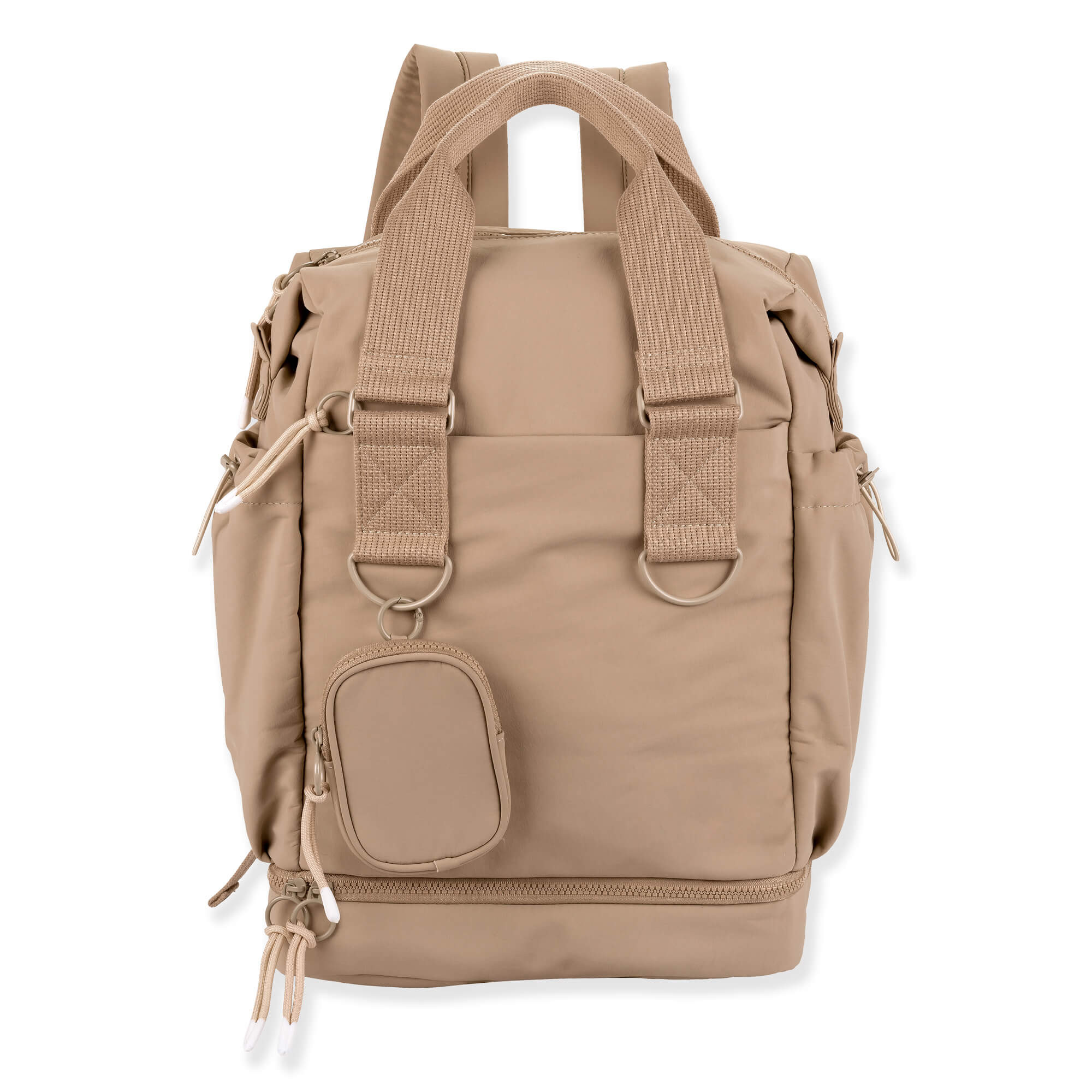 Front view of tan Sun 'N' Sand Isla Voyager roll-top backpack with matte nylon texture, dual plastic buckles, and zippered pocket.